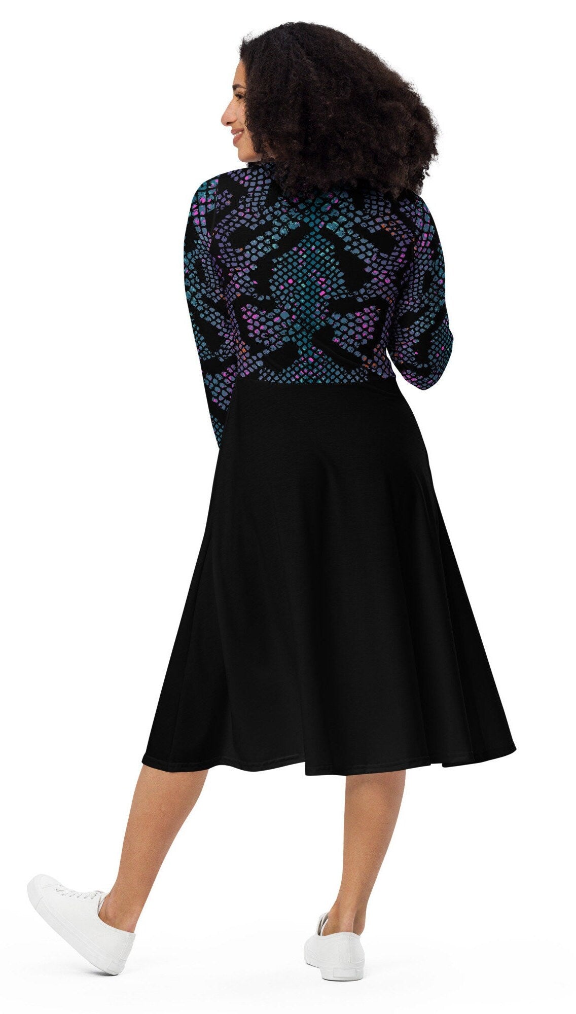 Plus Size Black Women Dress, Plus Size Midi Dress, Woman's Clothing, Oversized All-over print long sleeve midi dress
