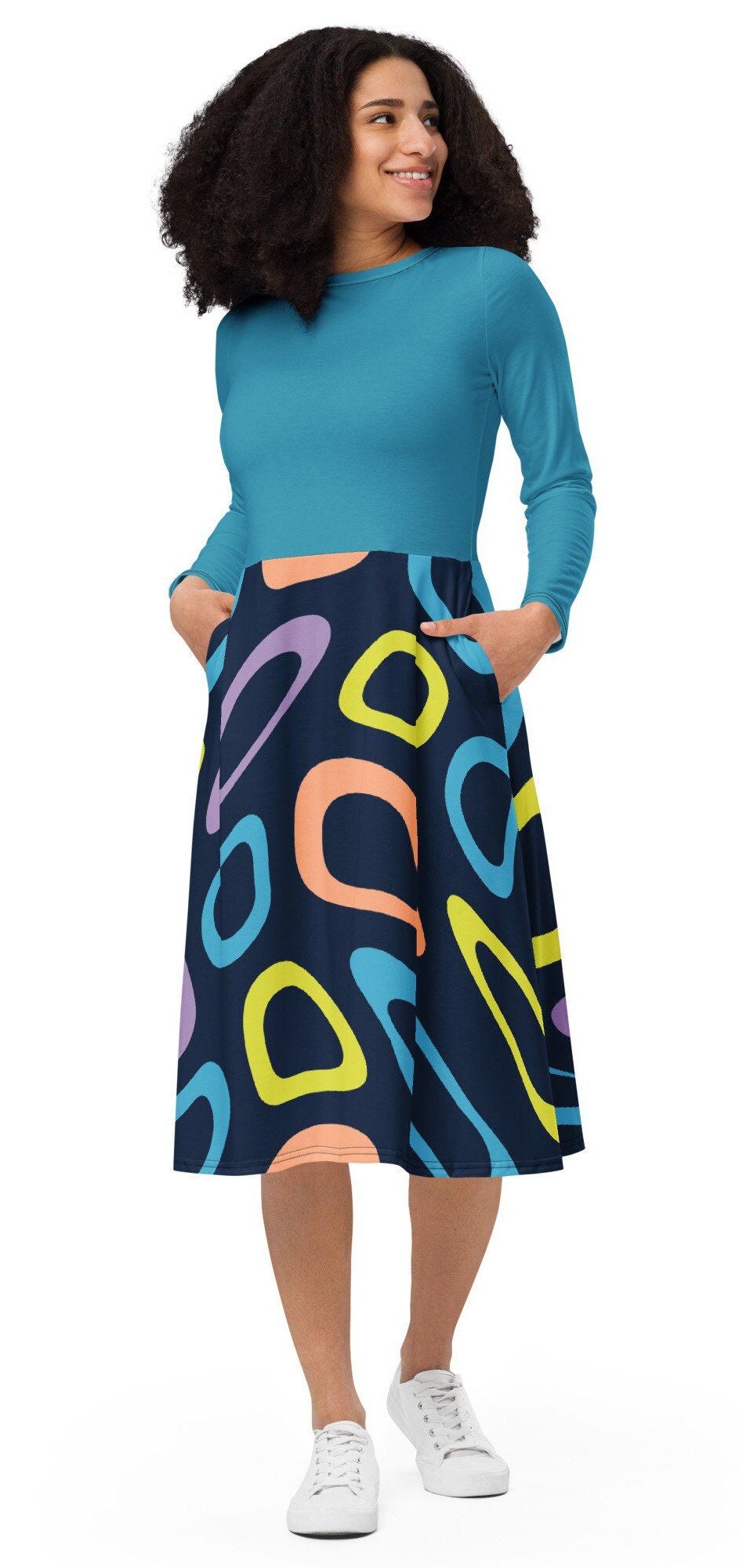 Black Plus Size Long Sleeve Dress, Abstract Colorful Plus Women Dress, Oversized Midi Dress, All-over print long sleeve midi dress