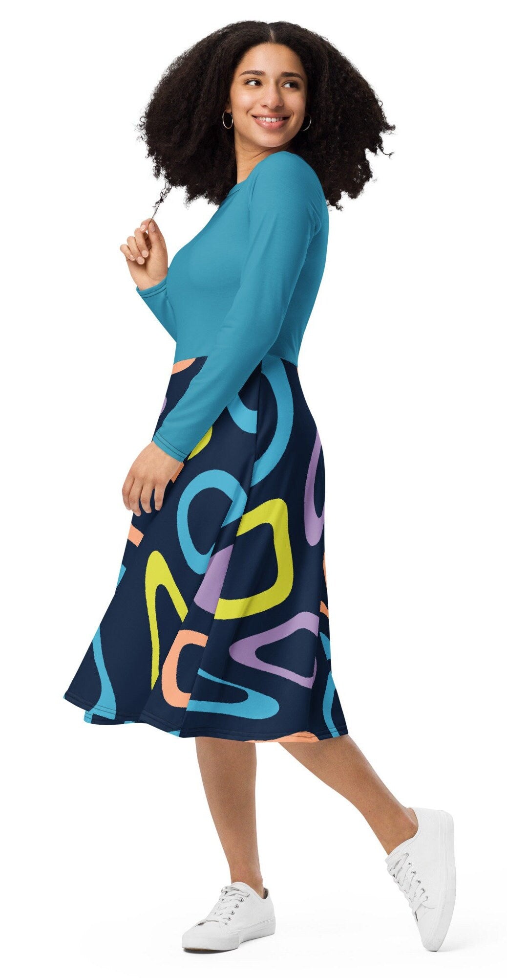 Black Plus Size Long Sleeve Dress, Abstract Colorful Plus Women Dress, Oversized Midi Dress, All-over print long sleeve midi dress