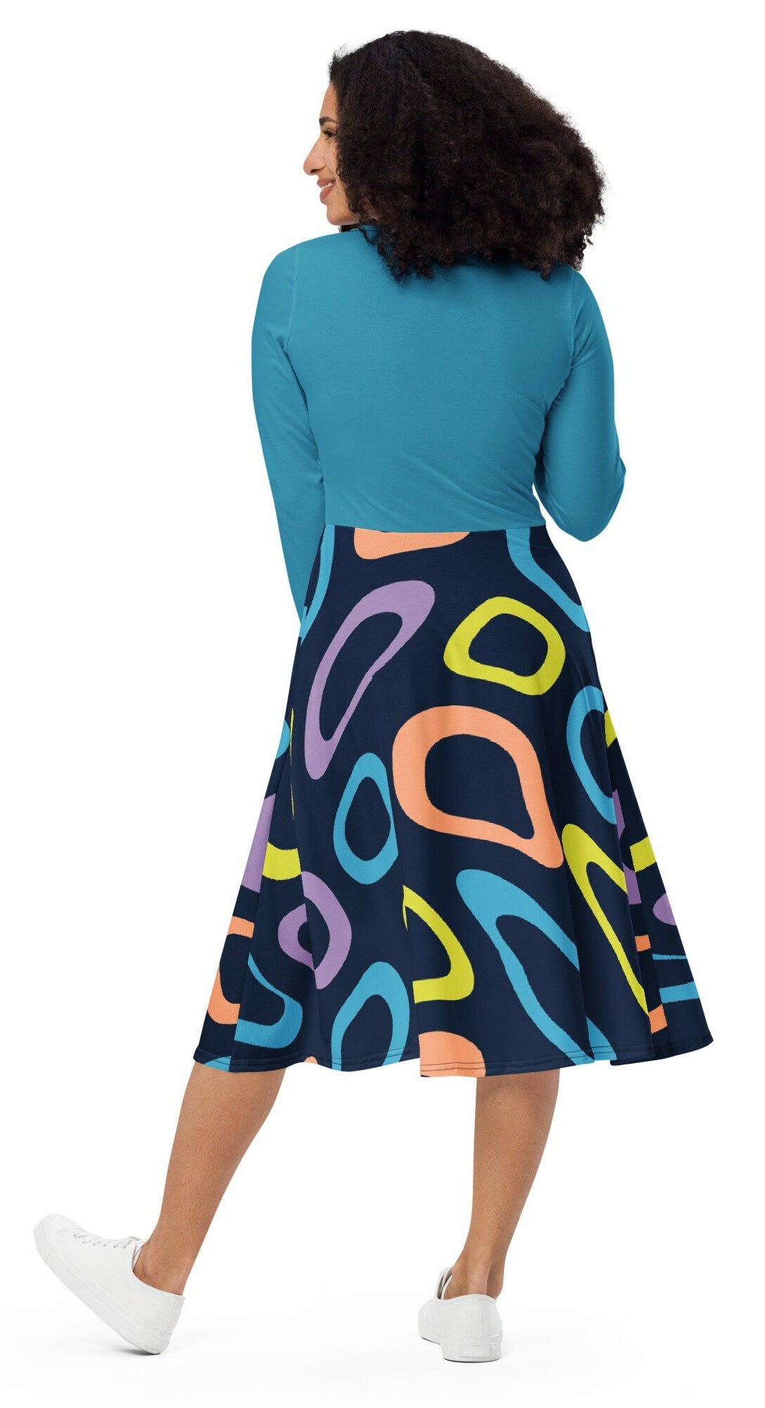Black Plus Size Long Sleeve Dress, Abstract Colorful Plus Women Dress, Oversized Midi Dress, All-over print long sleeve midi dress