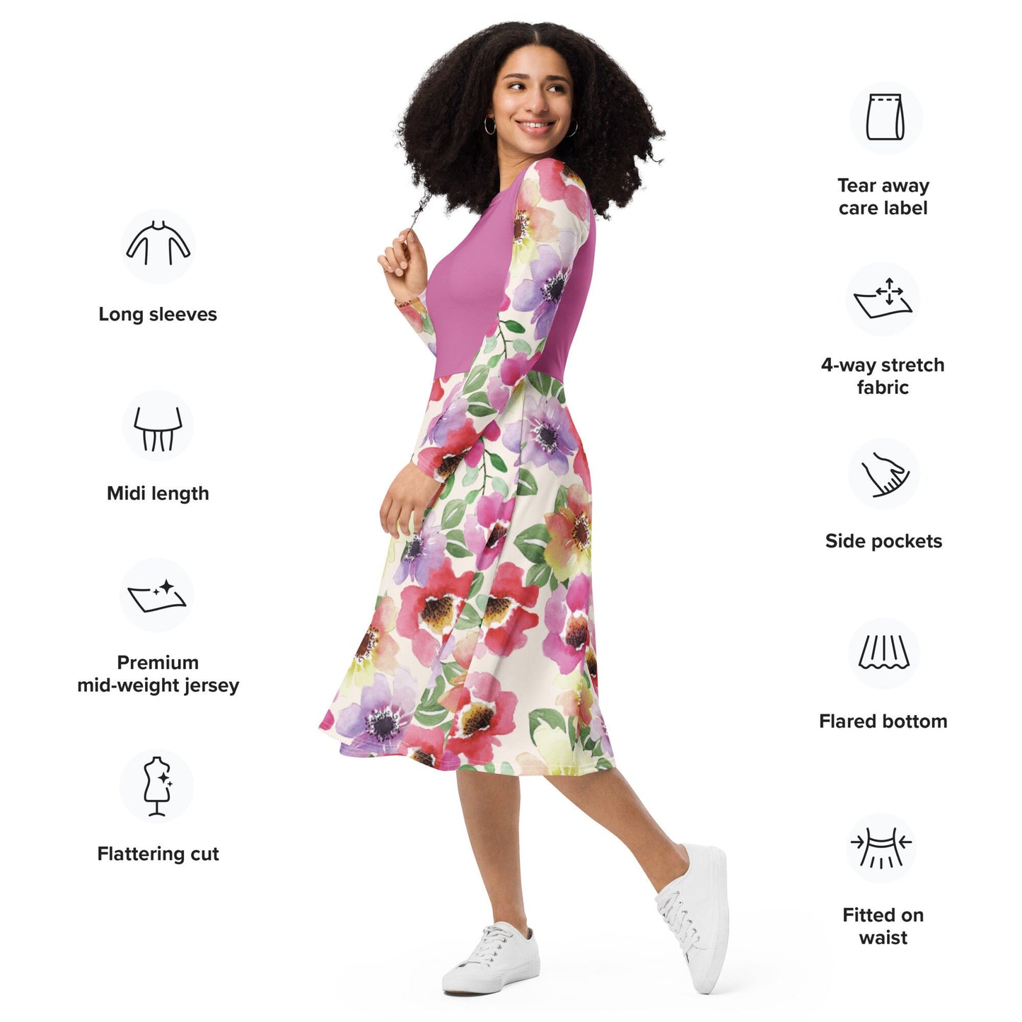 All-over print Floral Plus Size long sleeve midi dress, Modest Midi Floral Dress, Oversized Ployester Colorful Dress