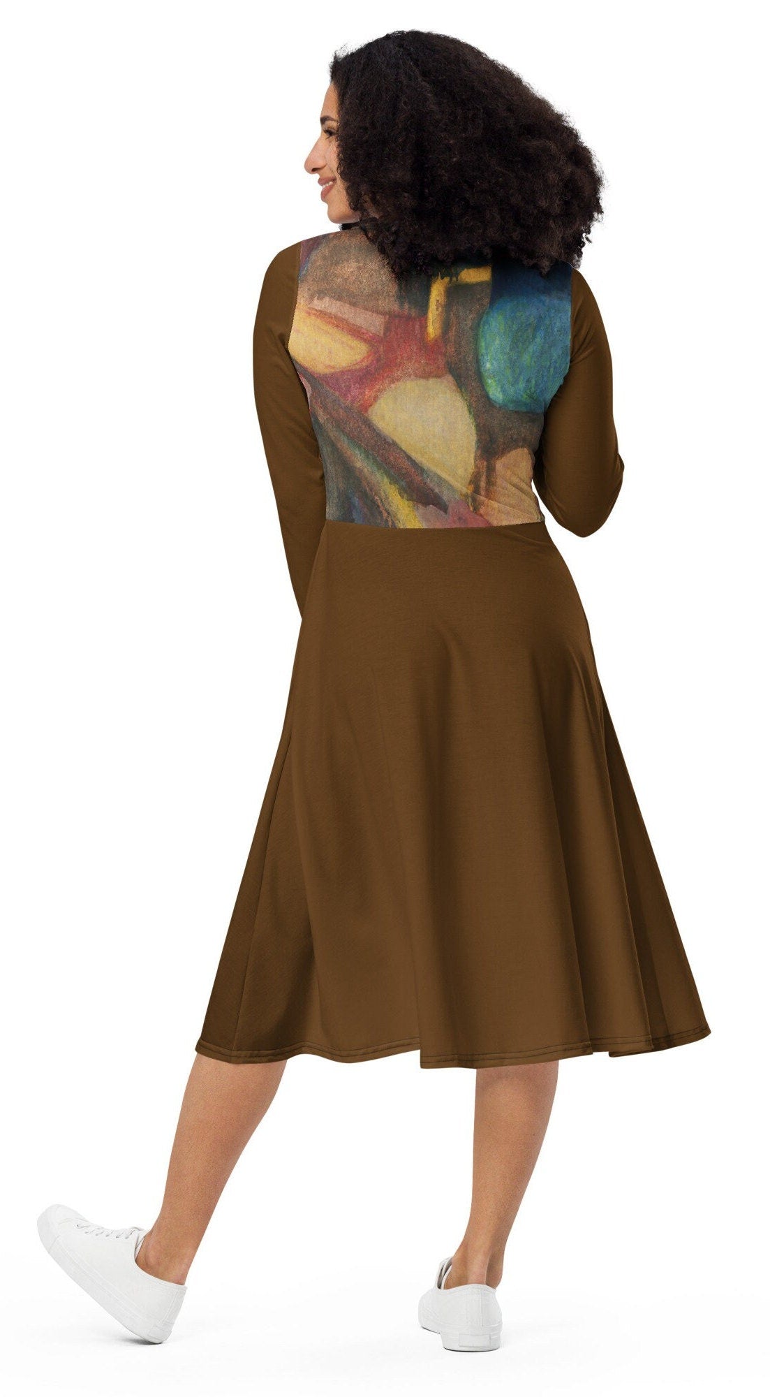 All-over print long sleeve Plus Size midi dress, Loose Fit Oversized Shirt Dress, Colorful Abstract woman Dress