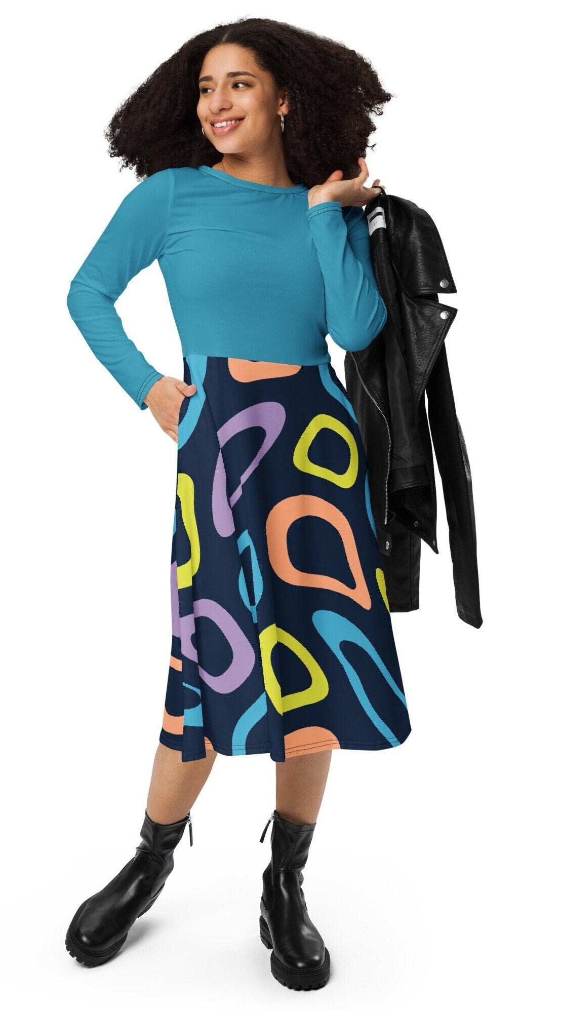 Black Plus Size Long Sleeve Dress, Abstract Colorful Plus Women Dress, Oversized Midi Dress, All-over print long sleeve midi dress