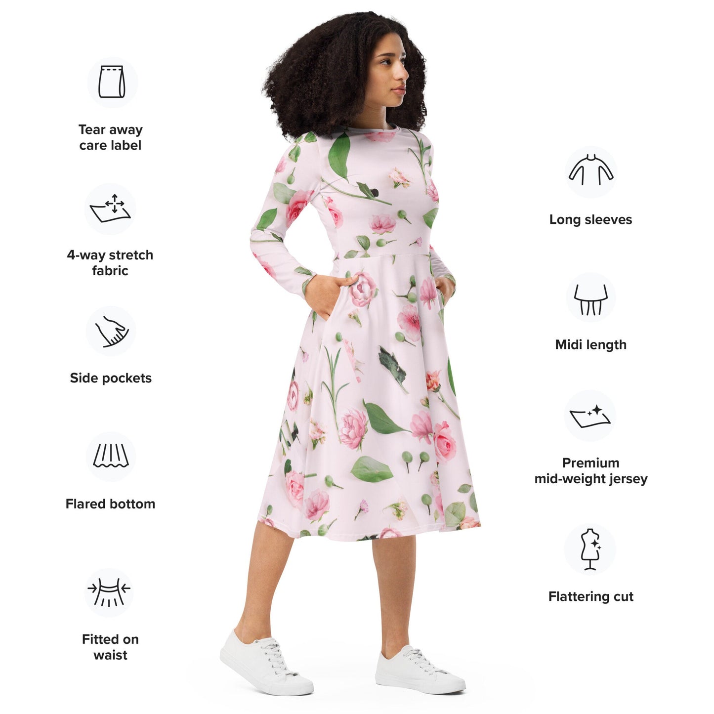 Pink Roses floral Plus Size Long Sleeves All-over print midi dress, Oversized Floral Dress, Modest nature Lovers Pink Dress