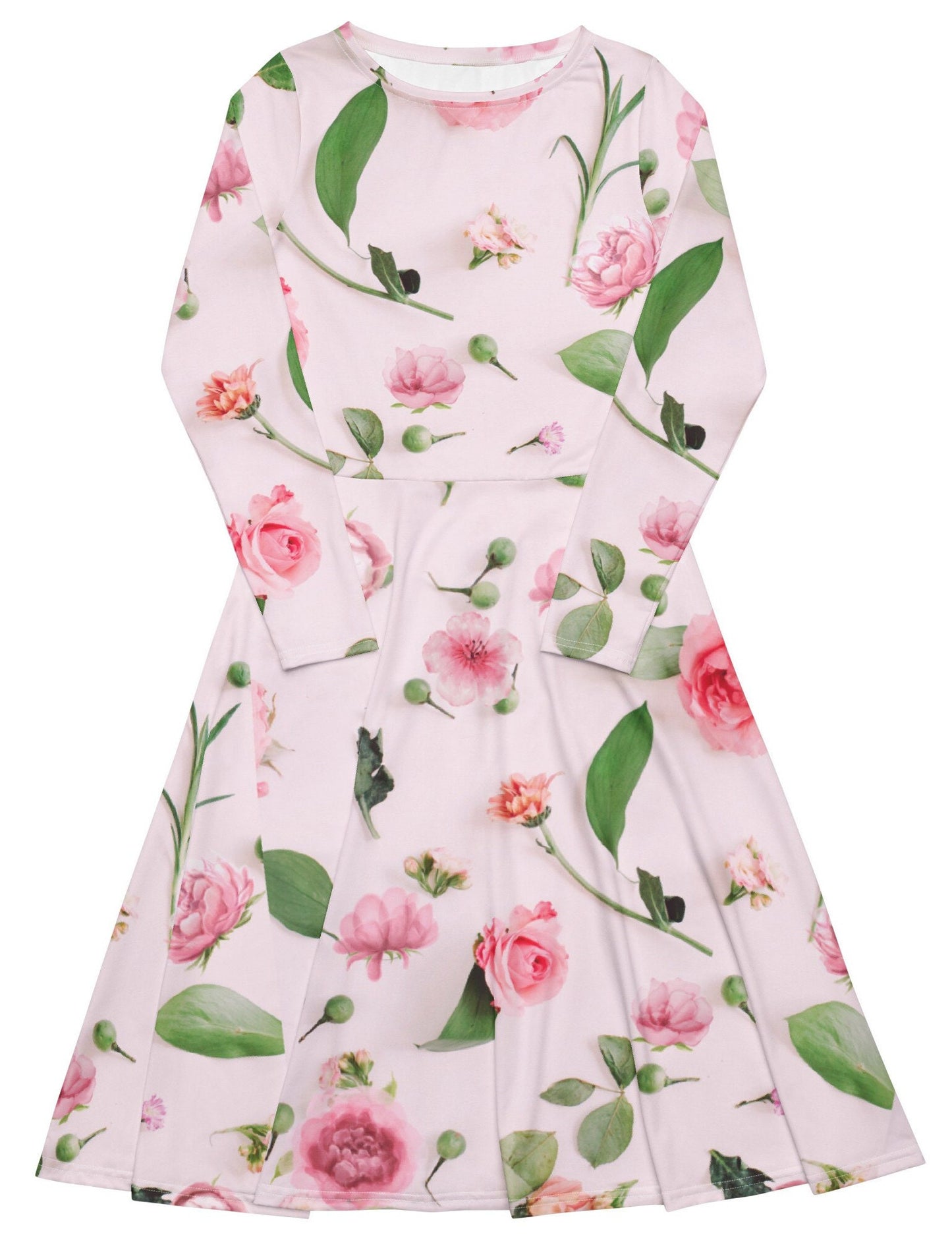 Pink Roses Floral Plus Size Long Sleeve All-over print midi dress, Oversized Floral Dress, Modest nature Lovers Pink Dress