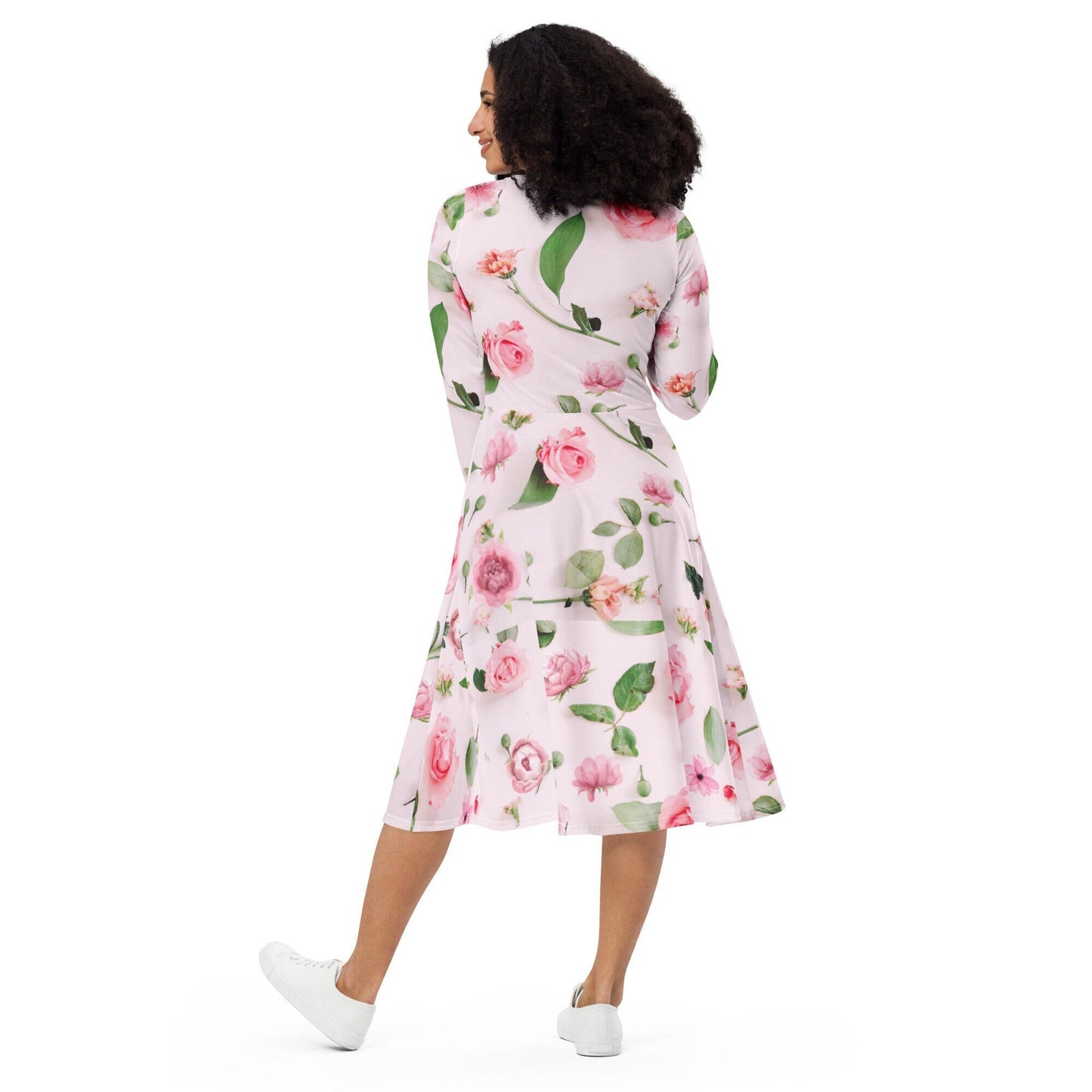 Pink Roses Floral Plus Size Long Sleeve All-over print midi dress, Oversized Floral Dress, Modest nature Lovers Pink Dress