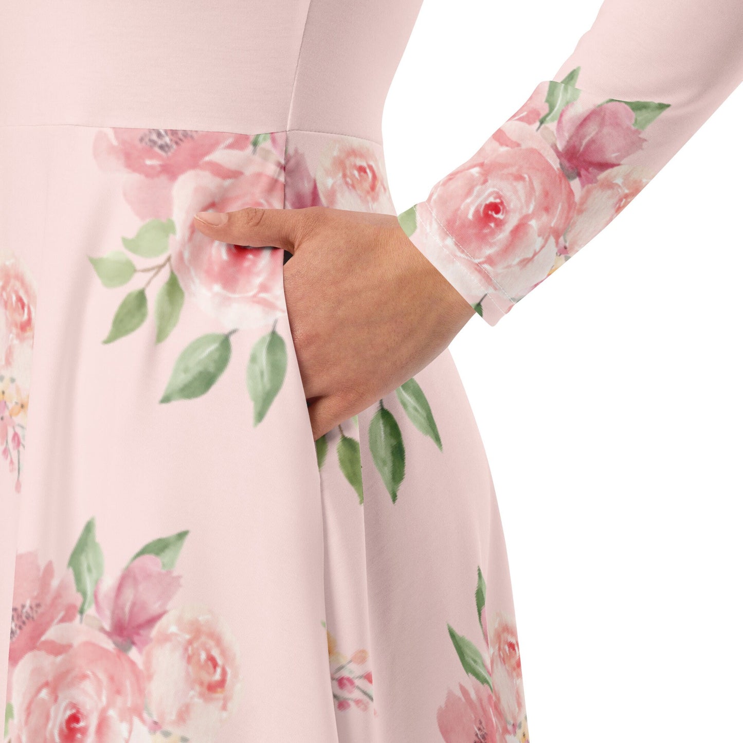 Plus Size Pink Floral print long sleeve midi dress, Modest Pink Floral Shirtdress. Polyester Fit and Flare Oversized Dress