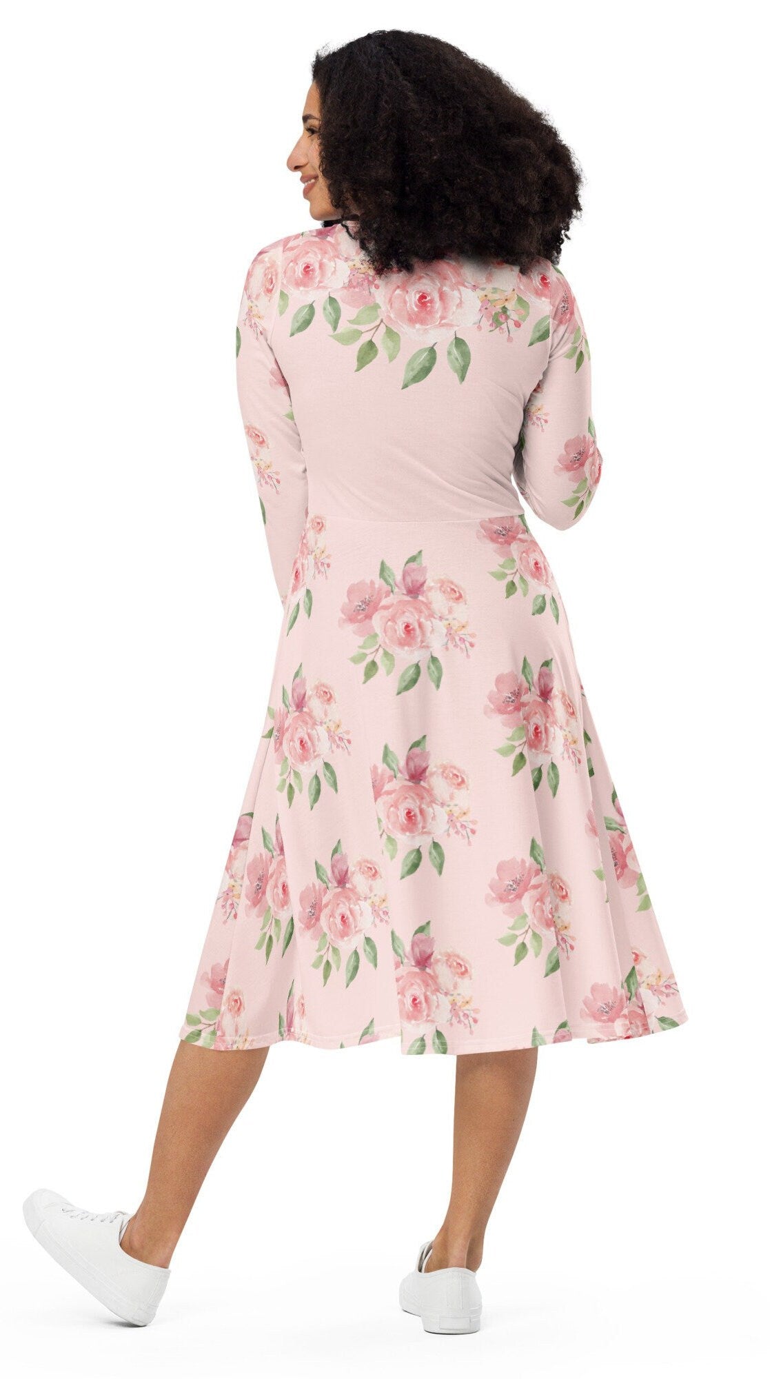 Plus Size Pink Floral print long sleeve midi dress, Modest Pink Floral Shirtdress. Polyester Fit and Flare Oversized Dress
