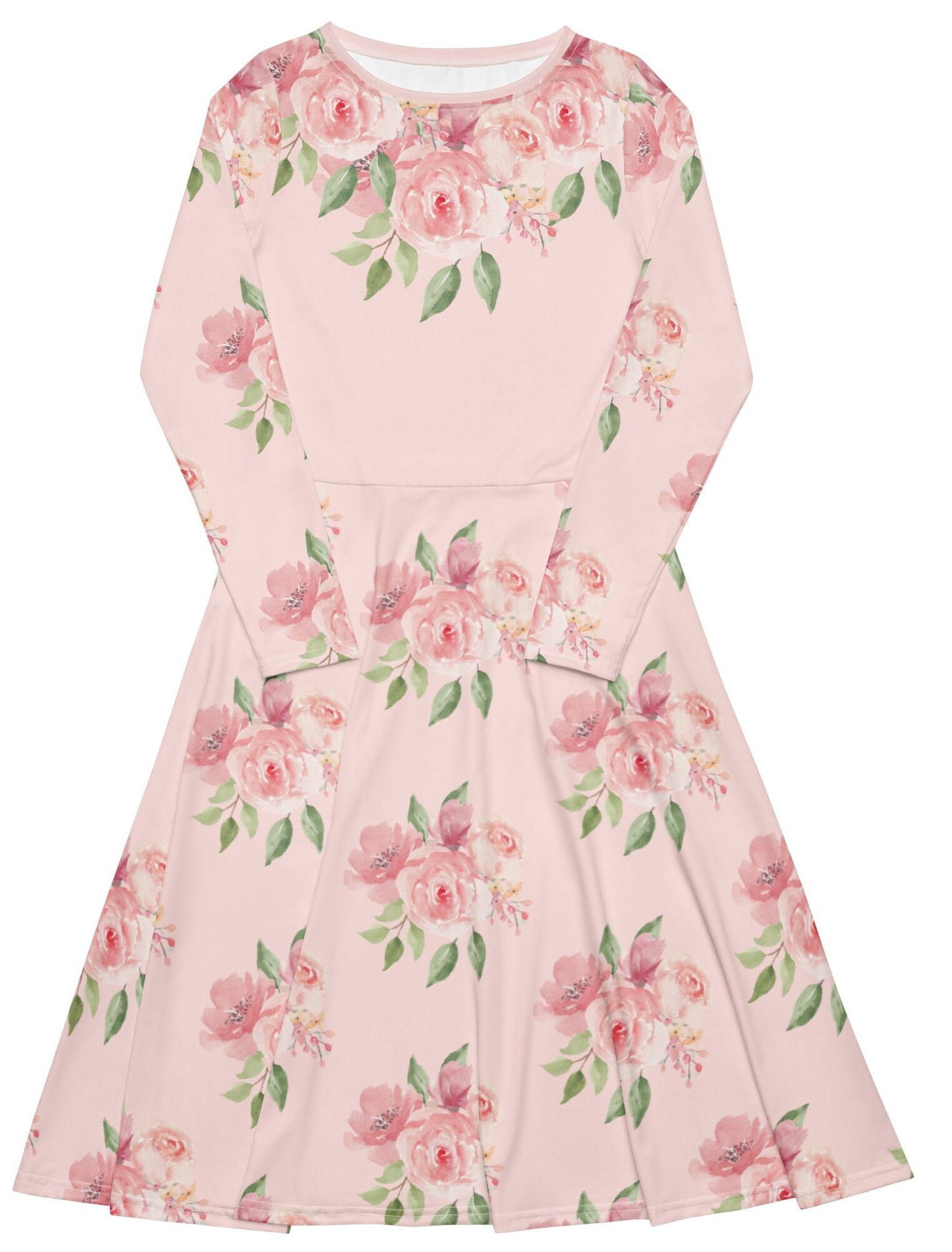 Plus Size Pink Floral print long sleeve midi dress, Modest Pink Floral Shirtdress. Polyester Fit and Flare Oversized Dress