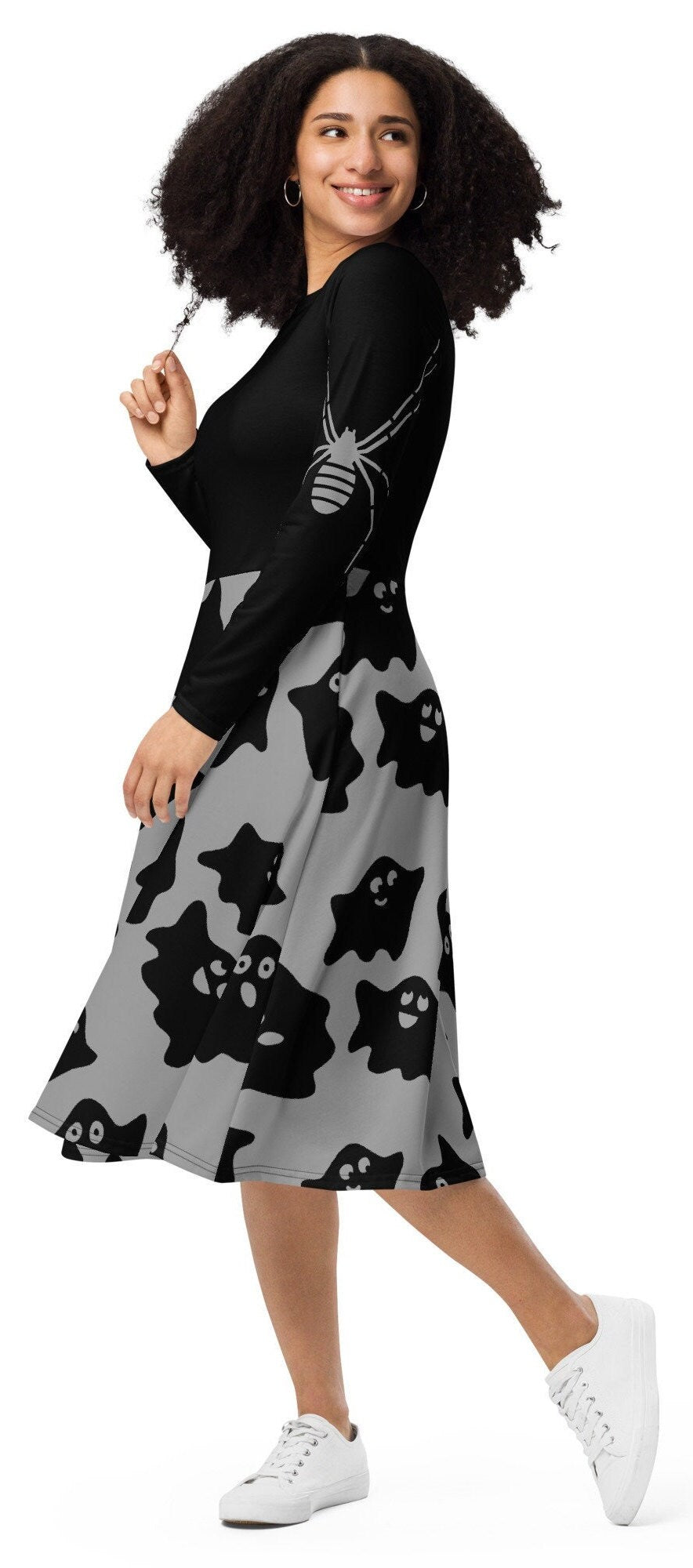 Plus Size Black Ghost Halloween Women Costume, Spooky Halloween Midi Dress, Halloween Spider Long Sleeve Midi Dress, Creepy Halloween Dress