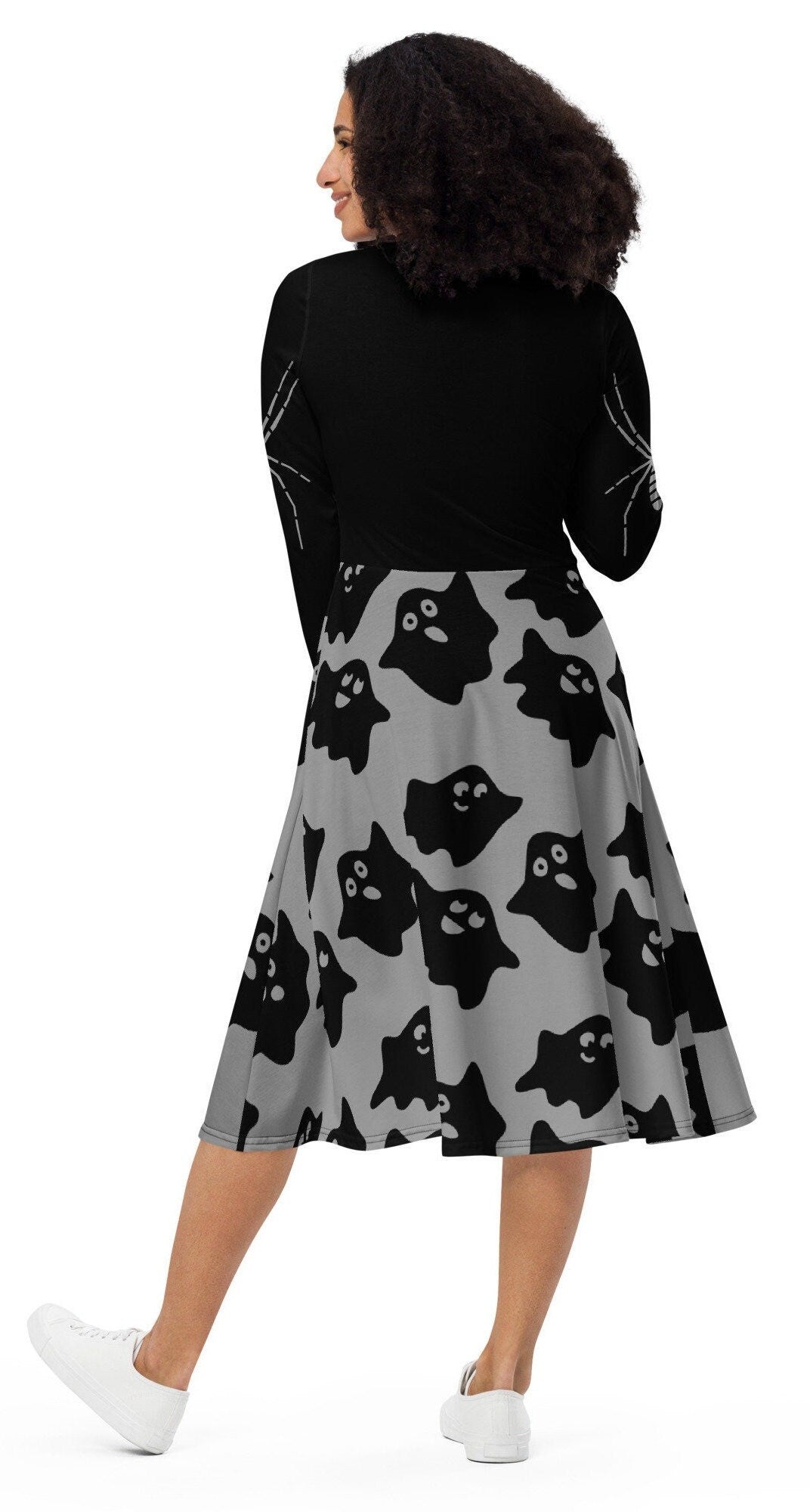 Plus Size Black Ghost Halloween Women Costume, Spooky Halloween Midi Dress, Halloween Spider Long Sleeve Midi Dress, Creepy Halloween Dress