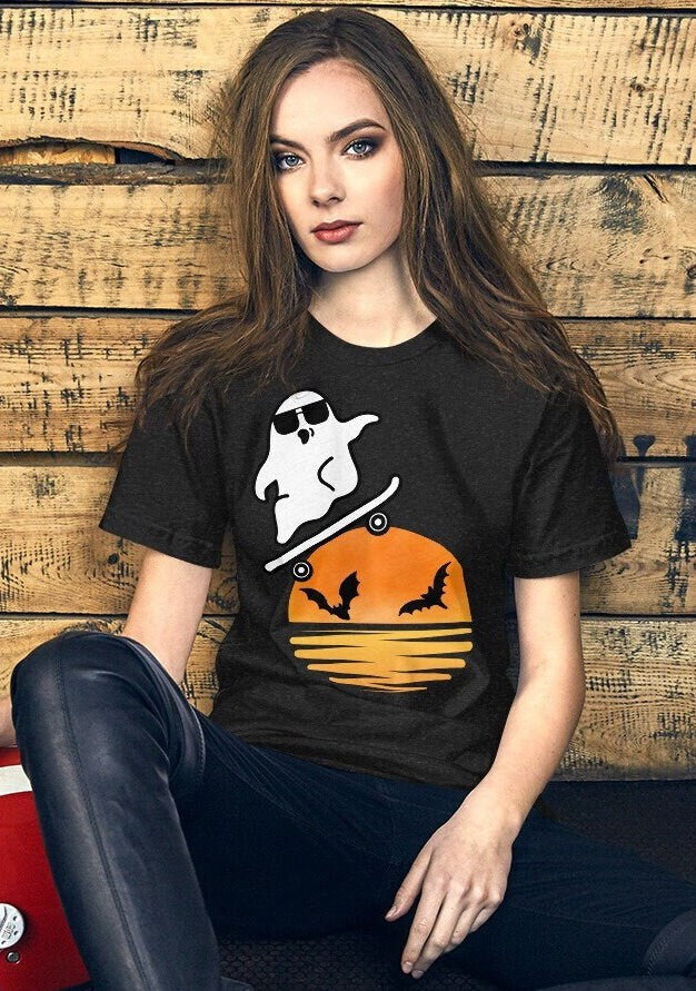 Cute skateboarding Ghost Shirt, Cute Halloween Shirt, Halloween Ghost Tee, Happy Halloween, Spooky Season Shirt, Ghost face shirt