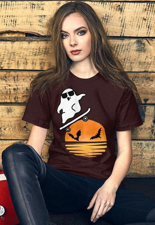 Cute skateboarding Ghost Shirt, Cute Halloween Shirt, Halloween Ghost Tee, Happy Halloween, Spooky Season Shirt, Ghost face shirt