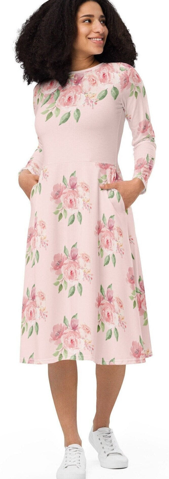 Plus Size Pink Floral print long sleeve midi dress, Modest Pink Floral Shirtdress. Polyester Fit and Flare Oversized Dress