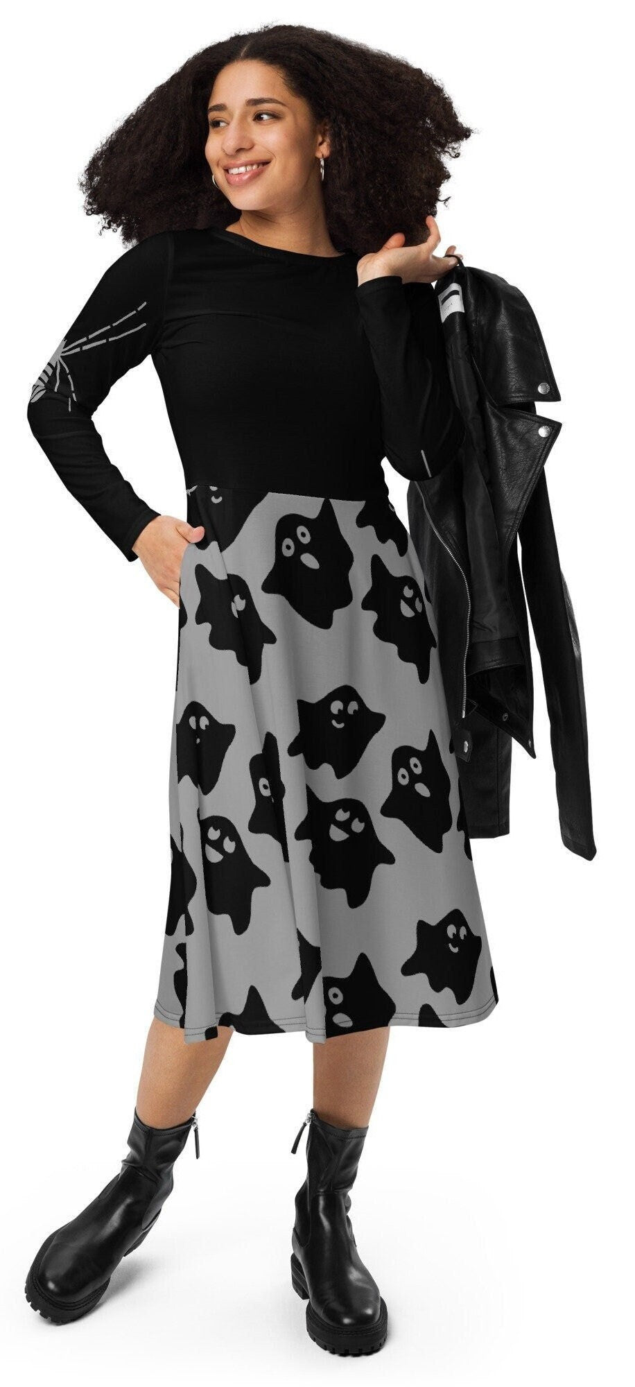 Plus Size Black Ghost Halloween Women Costume, Spooky Halloween Midi Dress, Halloween Spider Long Sleeve Midi Dress, Creepy Halloween Dress