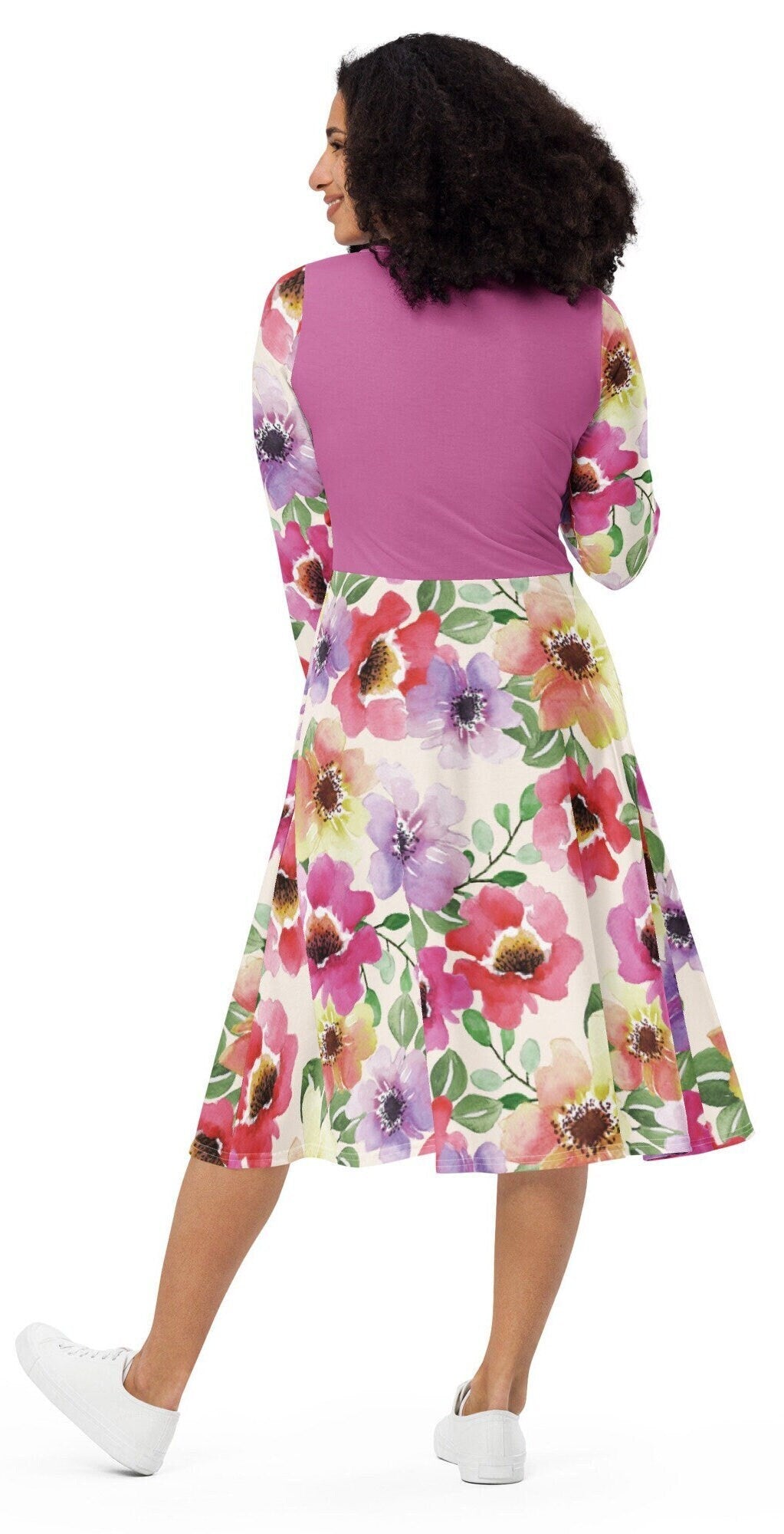 All-over print Pink Floral Plus Size long sleeve midi dress, Modest Midi Floral Dress, Oversized Ployester Colorful Dress