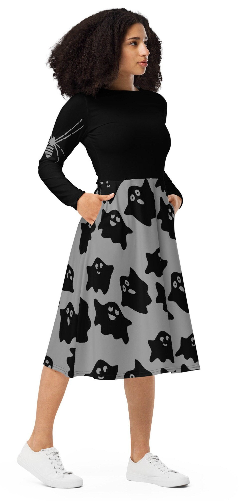 Black Women Halloween costume, Halloween Midi Dress, Halloween long sleeve midi dress, Plus Size Halloween Dress