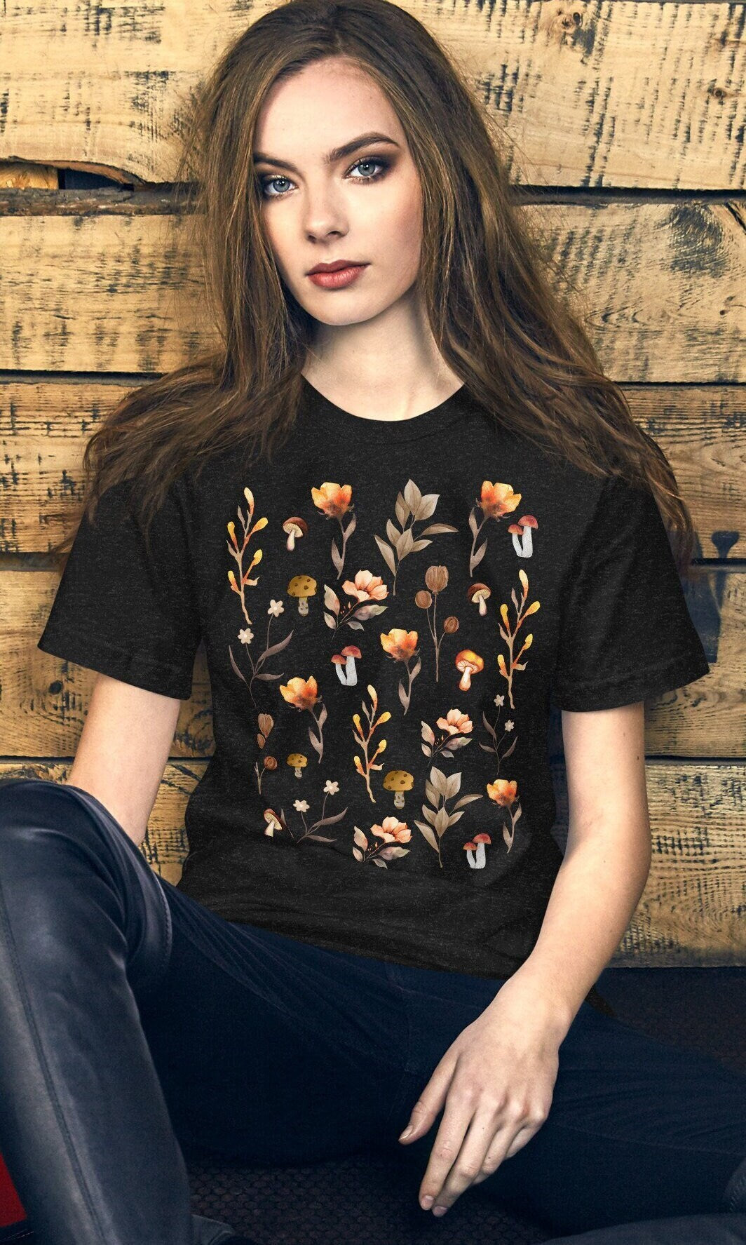 Orange-Brown Floral Sweatshirt, Botanical Wildflower Shirt, Cottagecore mushroom Flower Shirt, Cottagecore Shirt