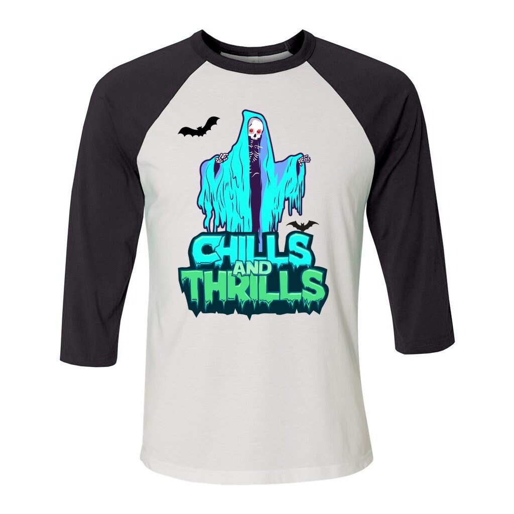 Unisex 3/4 Sleeve Baseball Chills and Thrills Tee, Halloween Goast Top, Trick or Treat Shirt