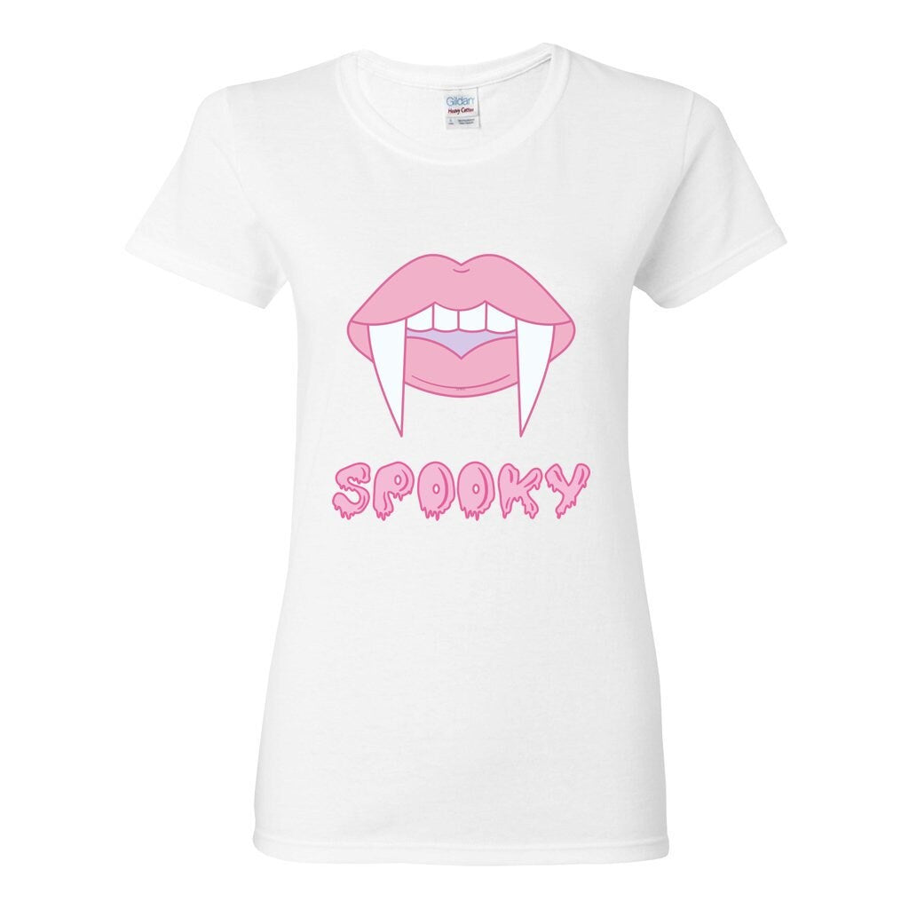 Women’s Heavy Cotton Spooky Pink Lips Vampire T-Shirt, Cute Fall Shirt, Women Fall Shirt, Halloween Gifts, Halloween outfit