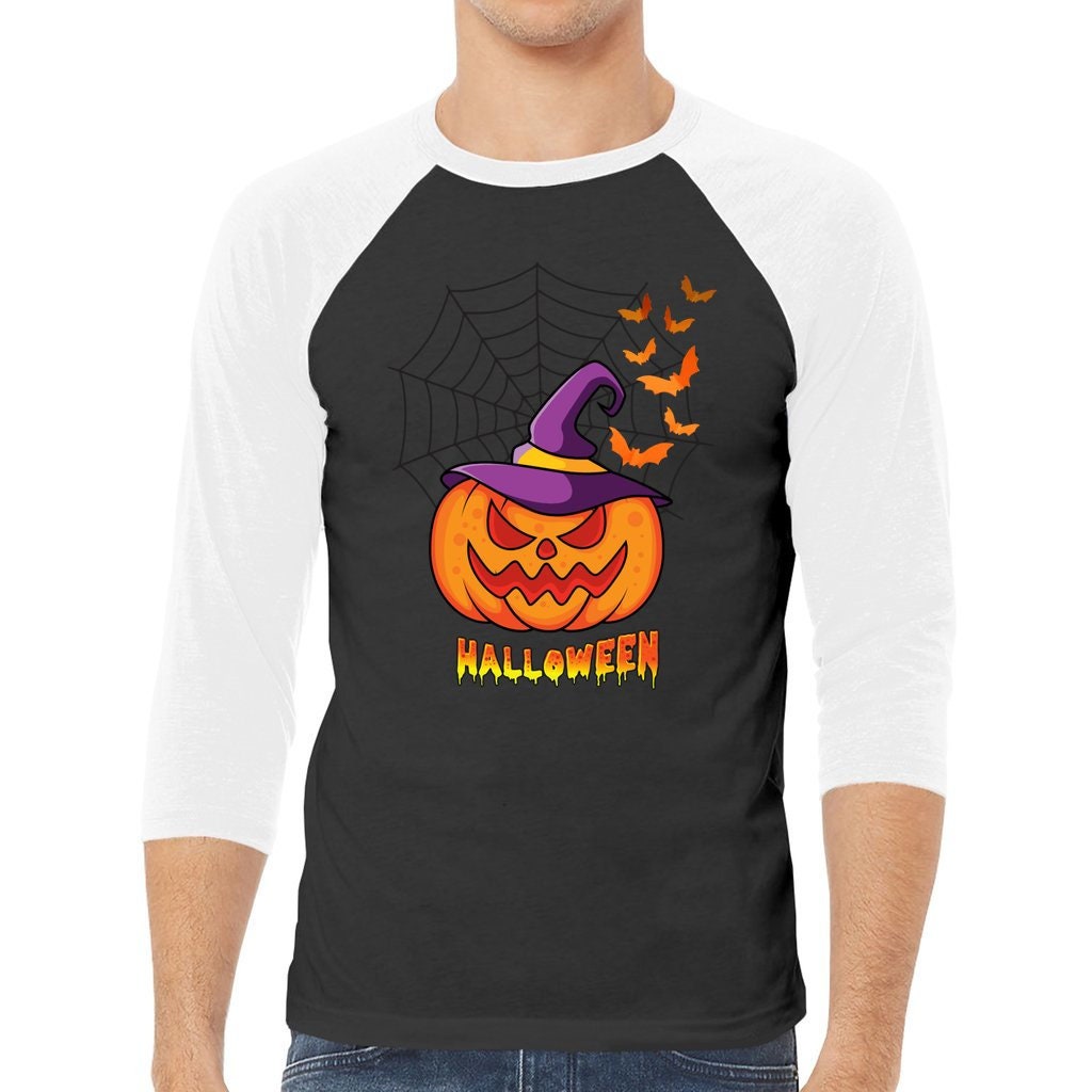 Halloween unisex 3/4 Sleeve Baseball Tee, Jack-o-Lantern Shirt. Pumpkin T-shirt, Halloween Shirt, Spooky Season Shirt,