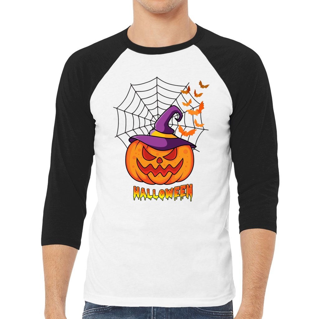 Halloween unisex 3/4 Sleeve Baseball Tee, Jack-o-Lantern Shirt. Pumpkin T-shirt, Halloween Shirt, Spooky Season Shirt,