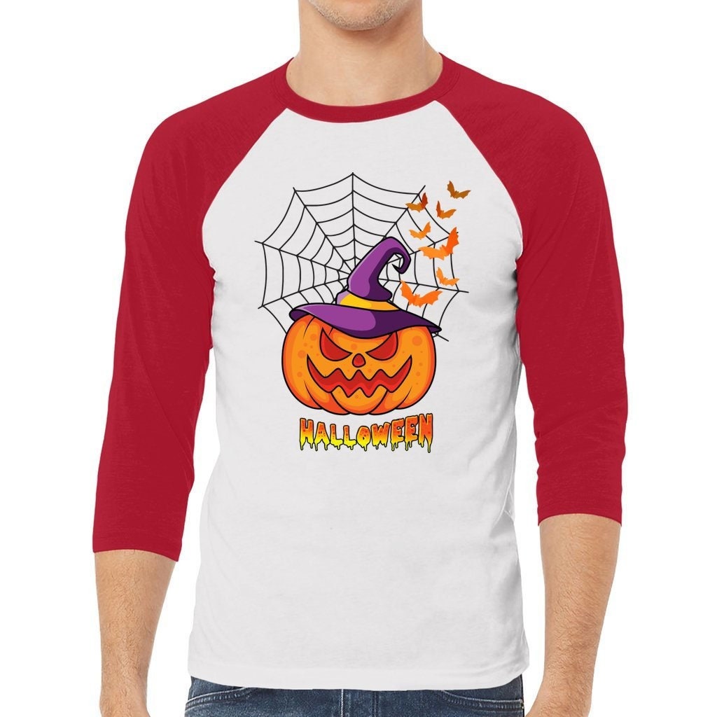 Halloween unisex 3/4 Sleeve Baseball Tee, Jack-o-Lantern Shirt. Pumpkin T-shirt, Halloween Shirt, Spooky Season Shirt,