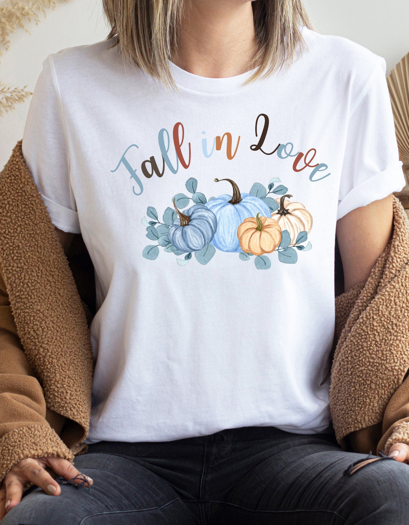 Fall in Love Thanksgiving Shirt, Pumpkin T-Shirt, Fall Graphic Tee, Thanksgiving Top, Halloween Shirt, Oversized Fall Vibes Shirt