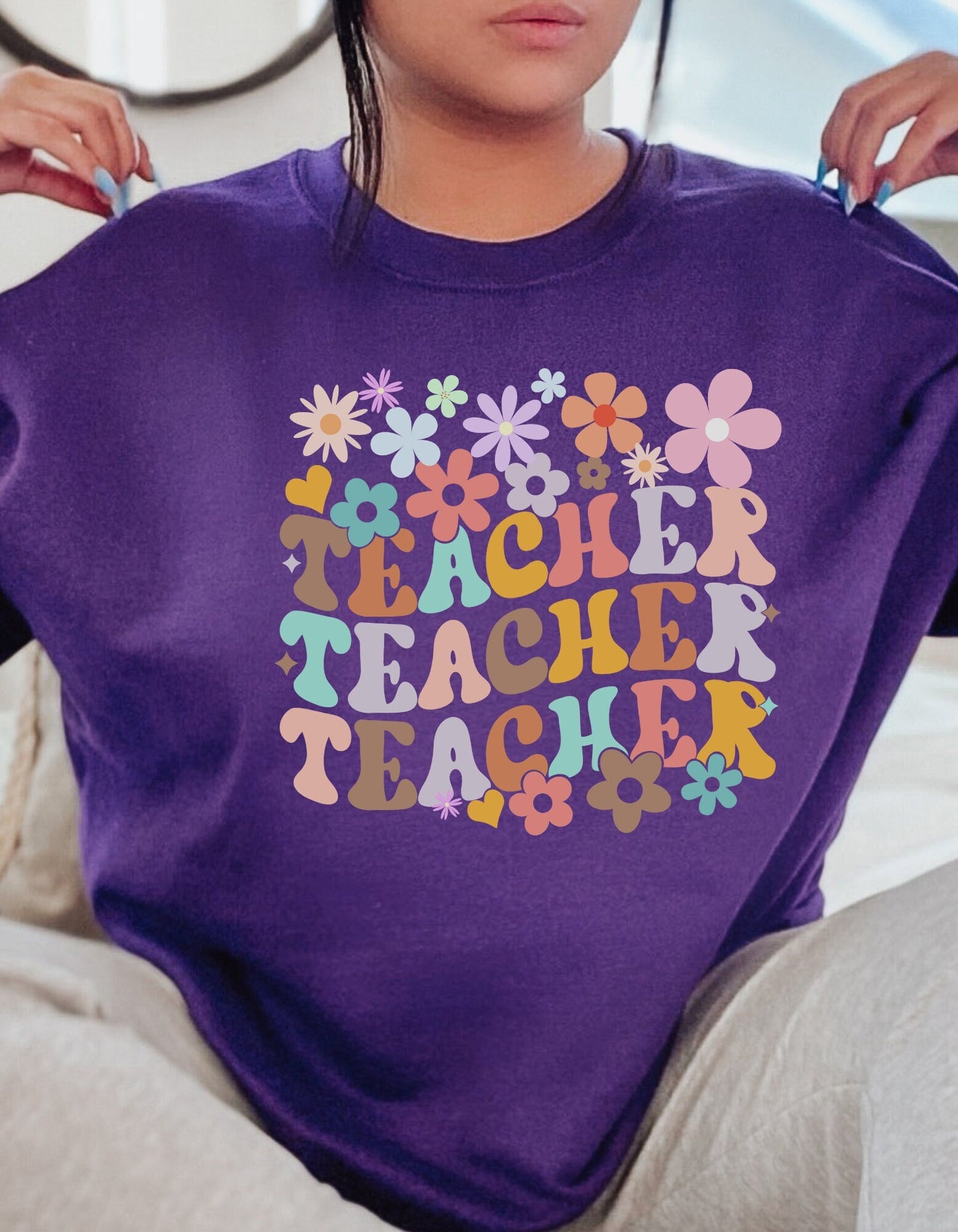 Teacher Sweatshirt, Colorful Teacher Gift, Oversized Retro Shirt, Teacher appreciation, Back to School Teacher Sweater