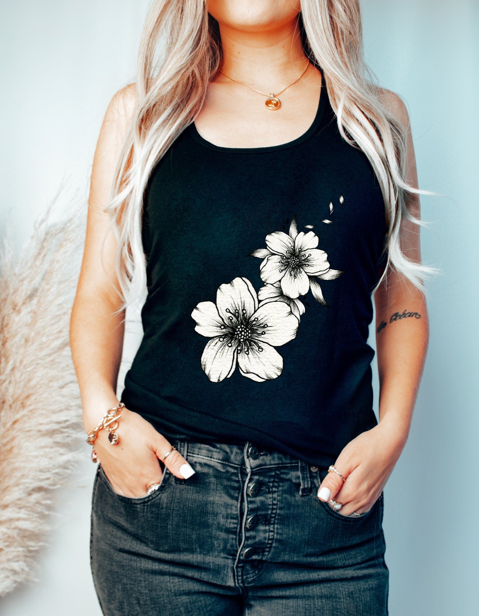 floral Tank Top, Softstyle White Rose Graphic Tee, Floral Top, Women's cute Tank Top, Aesthetic Shirt.