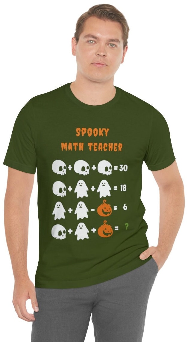 Unisex Jersey Spooky Math Teacher Short Sleeve Tee, Math Teacher Halloween Shirt, Funny Halloween T-Shirt, Pumpkin Teacher Shirt.