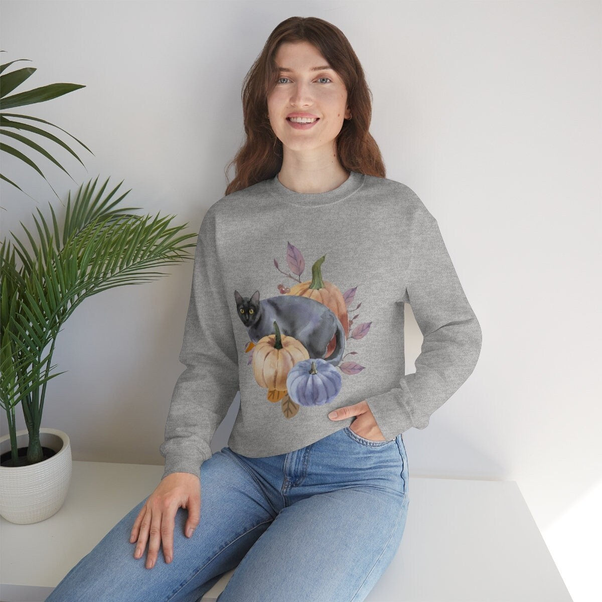 Black Cat Sweatshirt, Unisex Heavy Blend Crewneck Sweatshirt, Black Cat Shirt, Spooky Season