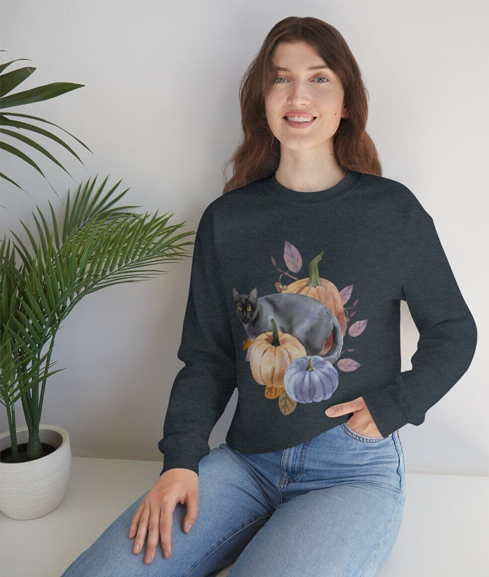 Black Cat Sweatshirt, Unisex Heavy Blend Crewneck Sweatshirt, Black Cat Shirt, Spooky Season