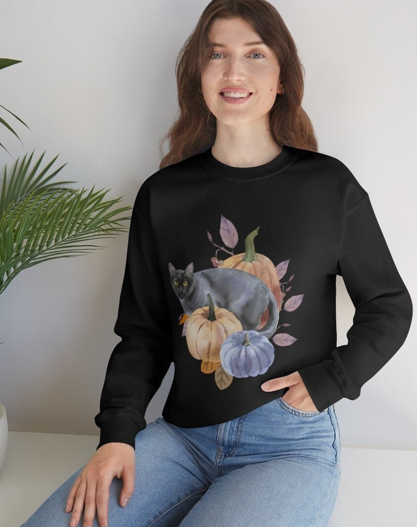 Black Cat Sweatshirt, Unisex Heavy Blend Crewneck Sweatshirt, Black Cat Shirt, Spooky Season