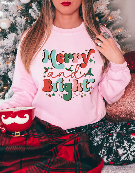 Merry and Bright Christmas Sweatshirt, Unisex Heavy Blend Crewneck Sweatshirt, Holiday Sweatshirt, Woman Sweatshirt