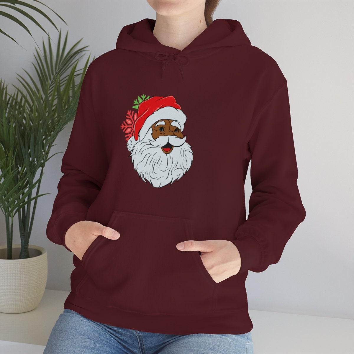 African American Santa Hoodie, Black Santa Sweater, Dark Santa Pullover, Brown Santa Unisex Heavy Blend Hooded Sweatshirt