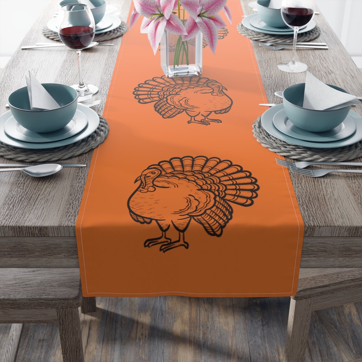 Thanksgiving Table Runner (Cotton, Poly), Turkey Table decor, Orange Fall Tablecloth