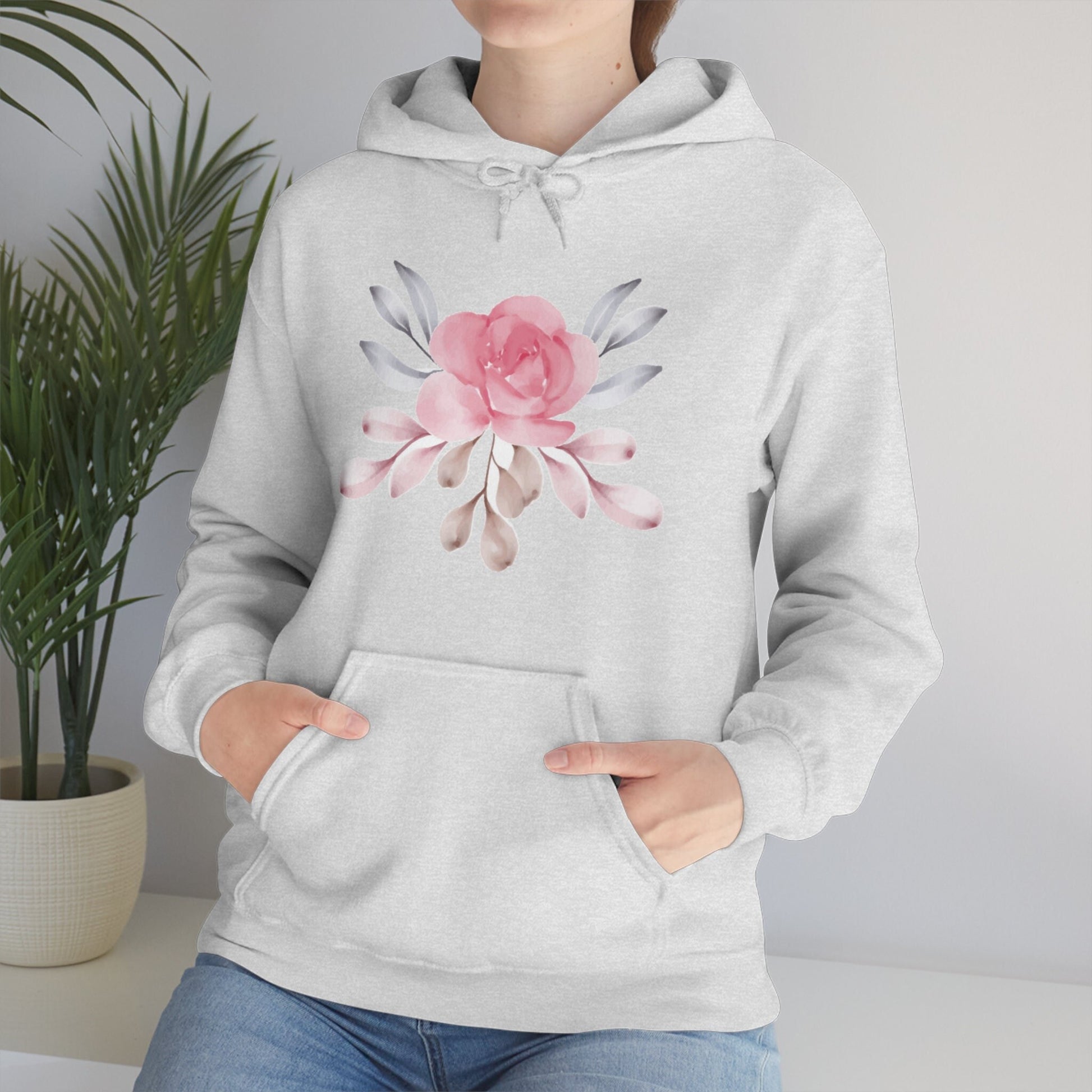 Pink Floral Hooded Sweatshirt, Pink Flower Unisex Heavy Blend Hooded Sweatshirt