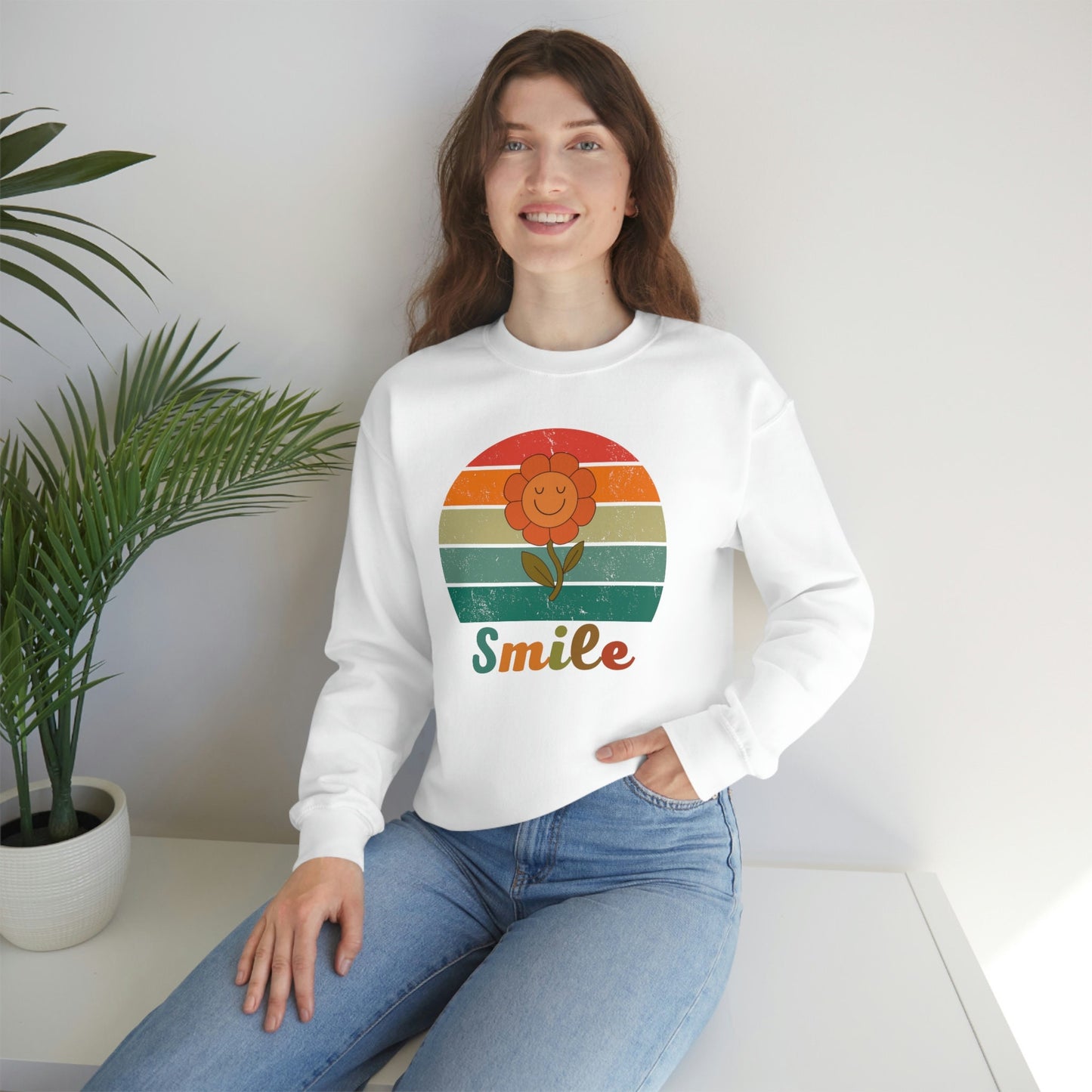 Smiley Face Inspirational Sweatshirt, Positivity Sunset Retro Floral Unisex Heavy Blend Crewneck Sweater.