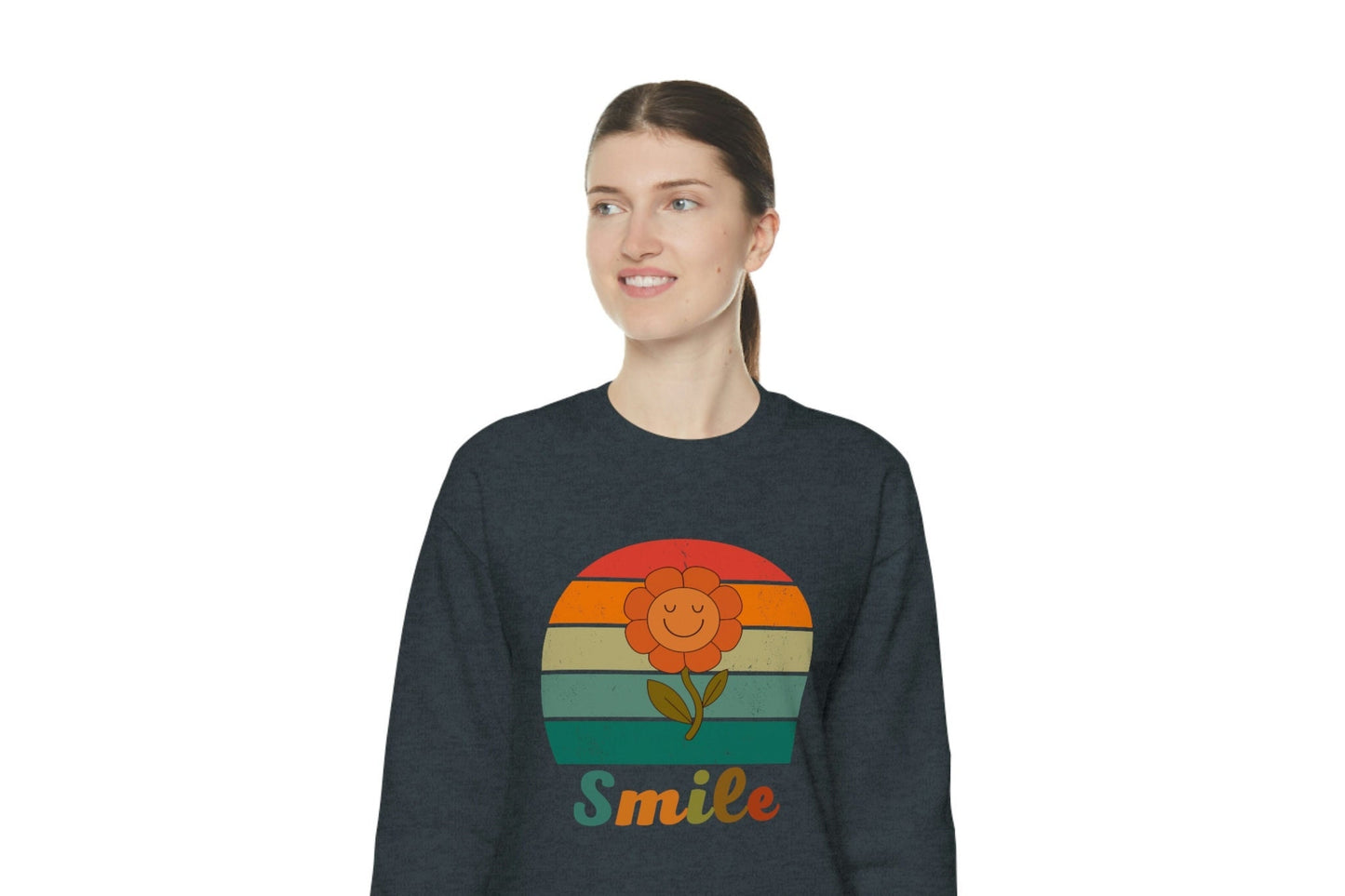 Smiley Face Inspirational Sweatshirt, Positivity Sunset Retro Floral Unisex Heavy Blend Crewneck Sweater.