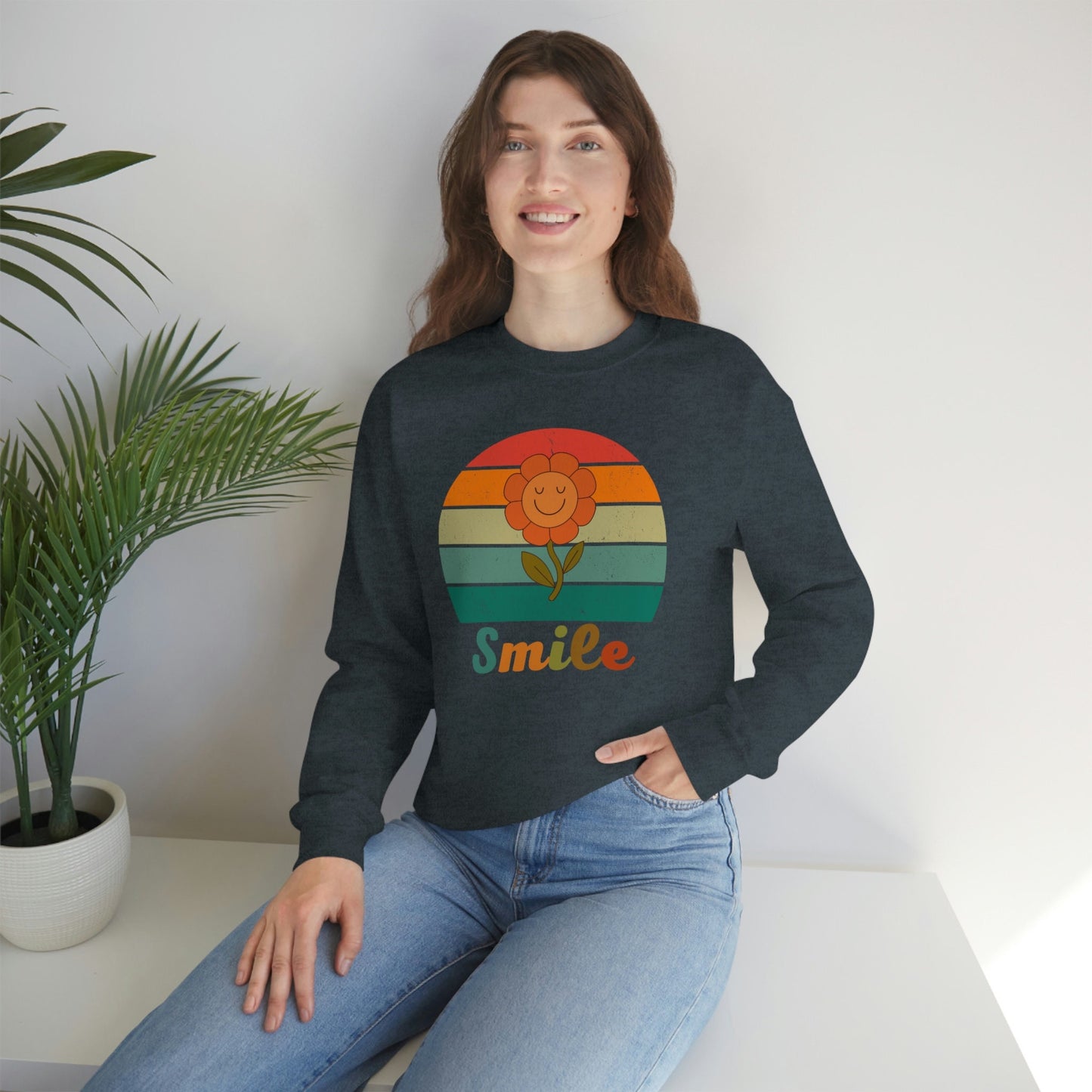 Smiley Face Inspirational Sweatshirt, Positivity Sunset Retro Floral Unisex Heavy Blend Crewneck Sweater.