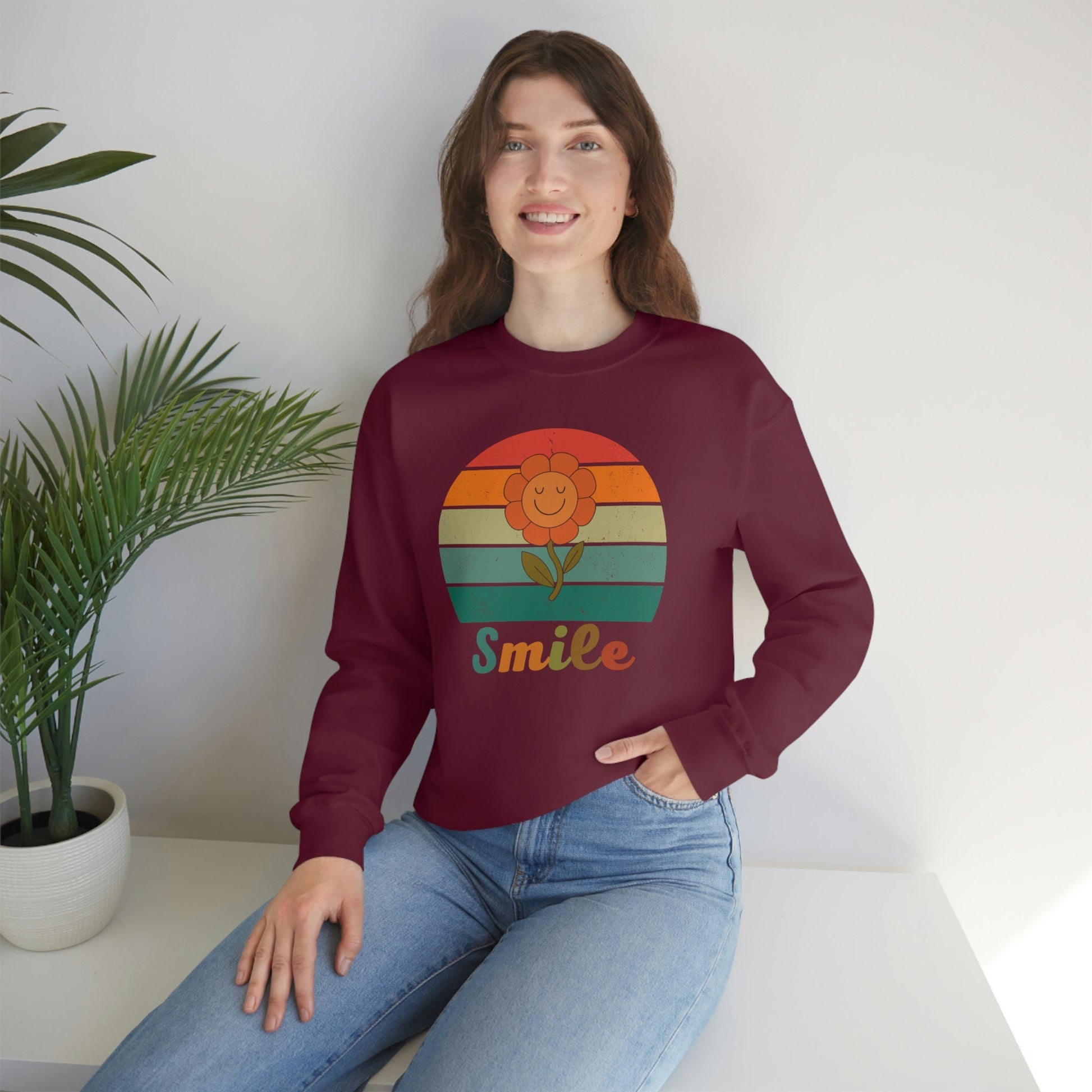 Smiley Face Inspirational Sweatshirt, Positivity Sunset Retro Floral Unisex Heavy Blend Crewneck Sweater.