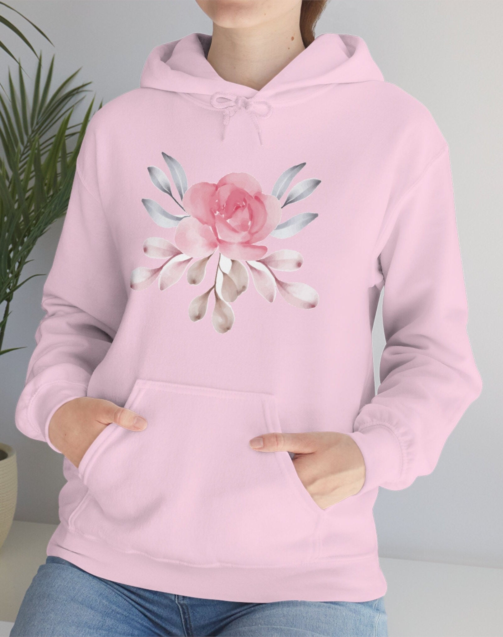 Pink Floral Hooded Sweatshirt, Pink Flower Unisex Heavy Blend Hooded Sweatshirt