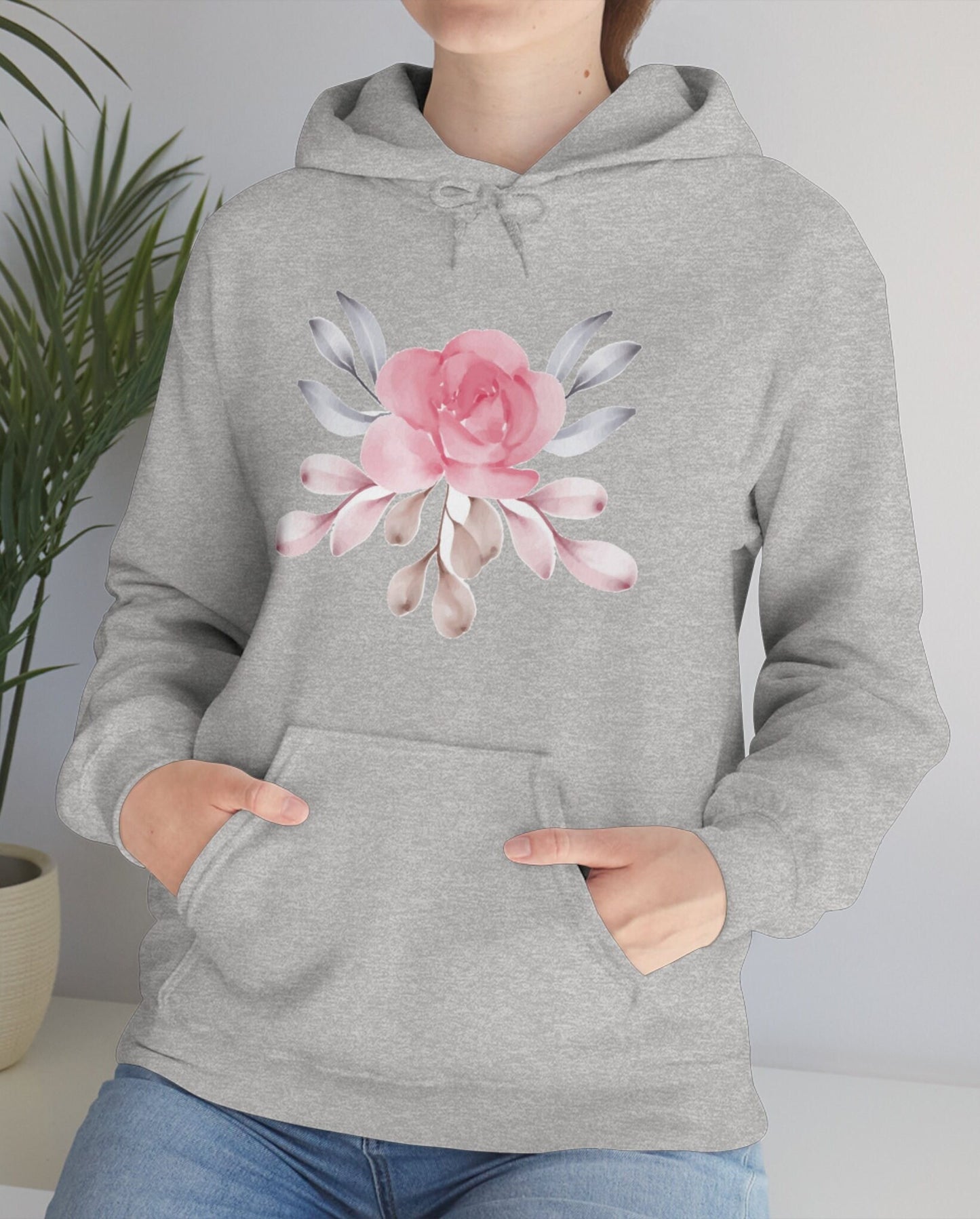 Pink Floral Hooded Sweatshirt, Pink Flower Unisex Heavy Blend Hooded Sweatshirt