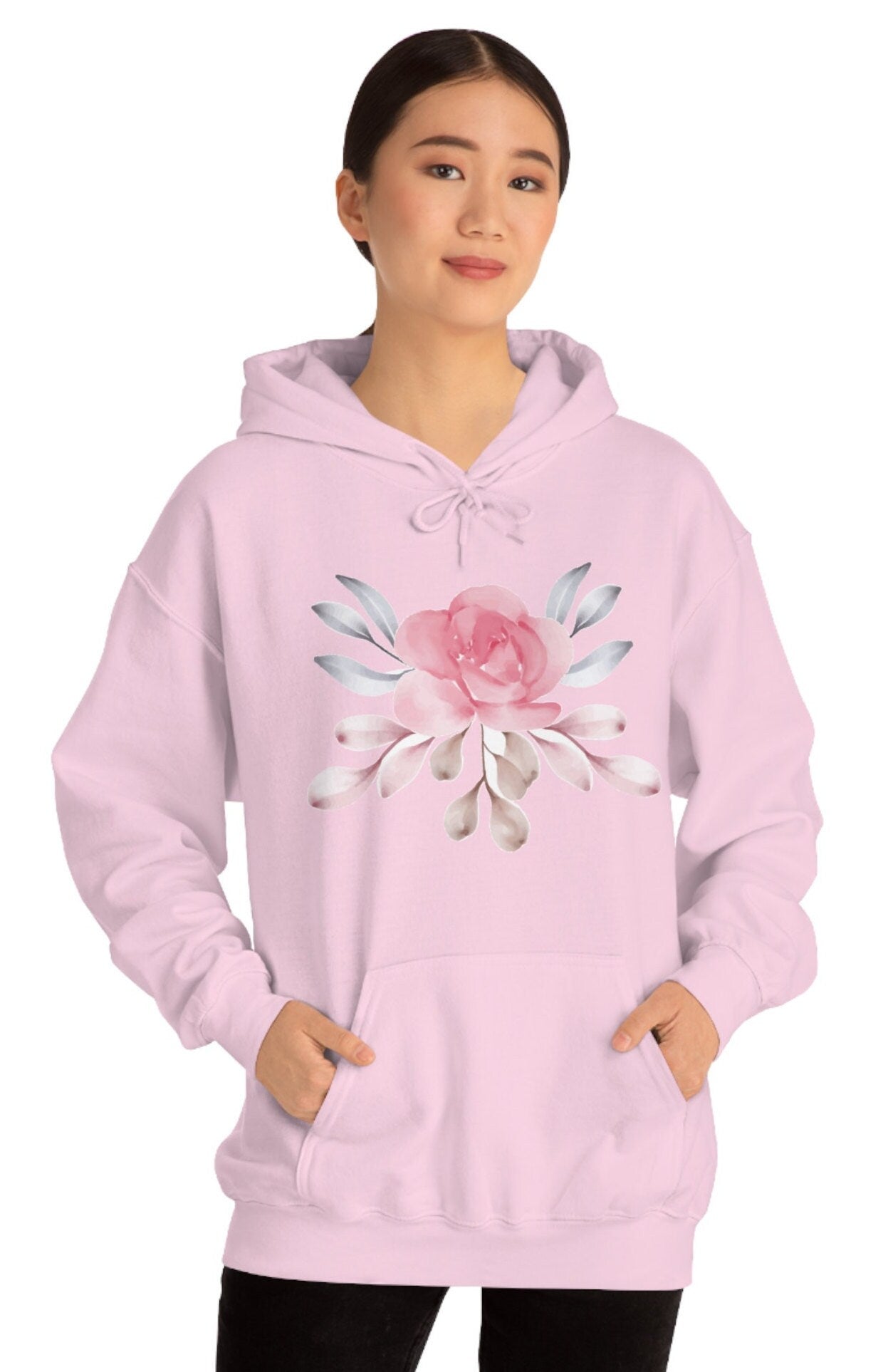 Pink Floral Hooded Sweatshirt, Pink Flower Unisex Heavy Blend Hooded Sweatshirt