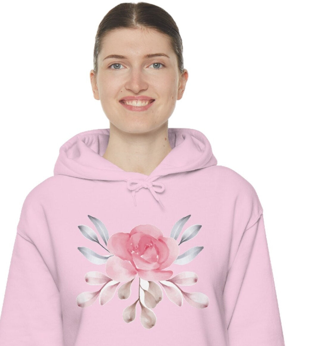 Pink Floral Hooded Sweatshirt, Pink Flower Unisex Heavy Blend Hooded Sweatshirt