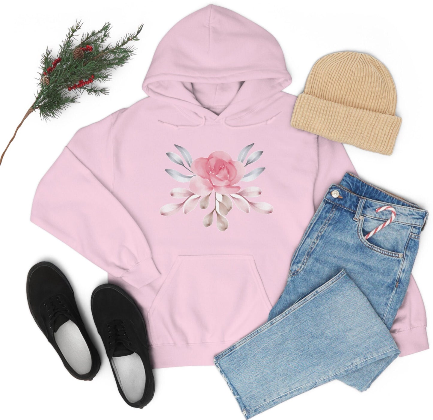 Pink Floral Hooded Sweatshirt, Pink Flower Unisex Heavy Blend Hooded Sweatshirt