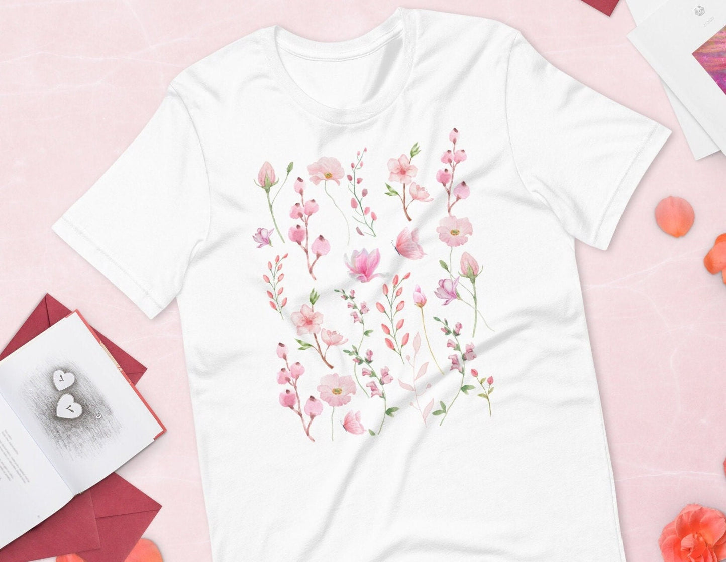 Pink Flowers Shirt, Wildflower Tshirt, Gifts For Her, Gift For Womens, Flower T-Shirt, Gardening Shirt, Wildflower Tee