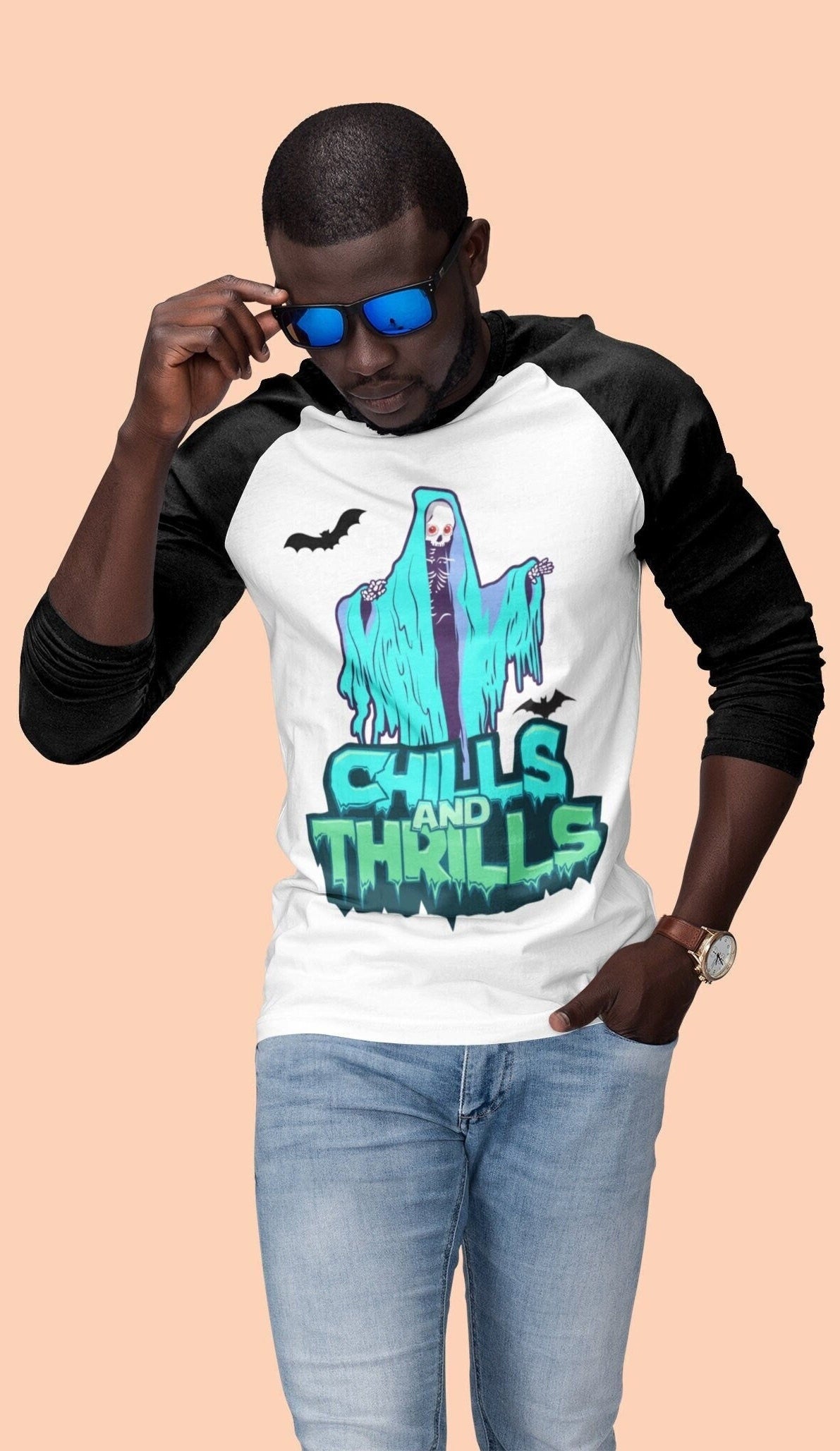 Unisex 3/4 Sleeve Baseball Chills and Thrills Tee, Halloween Goast Top, Trick or Treat Shirt