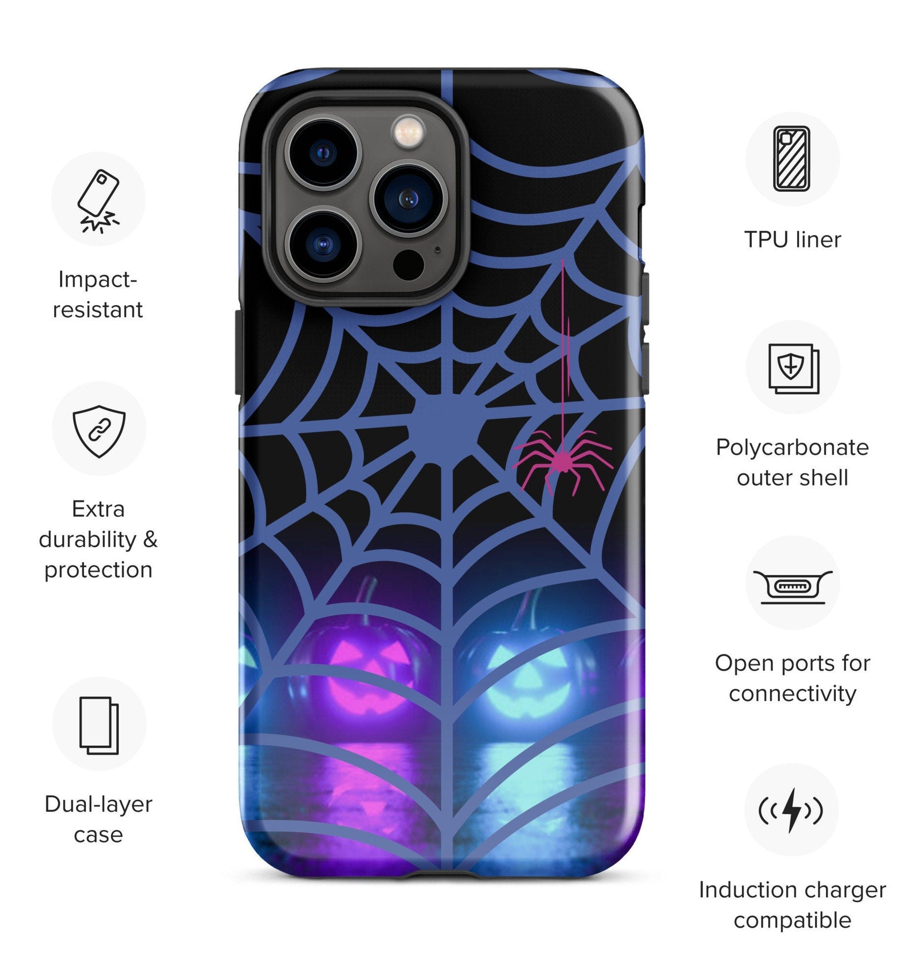 Tough Case for iPhone®, Halloween Phone Case, Pumpkin Phone Case, Spooky Spider Phone Case, Fall Hard Phone Case